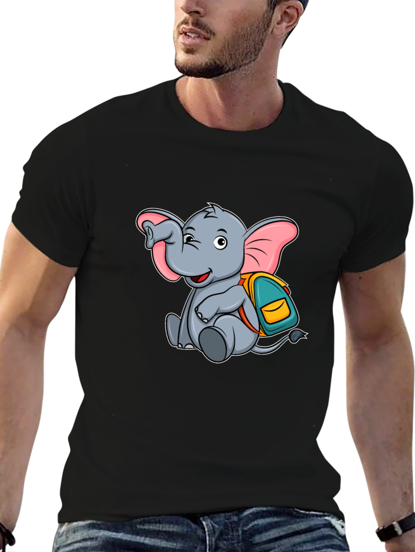Black Cute Elephant with Backpack Black T-Shirt view 6