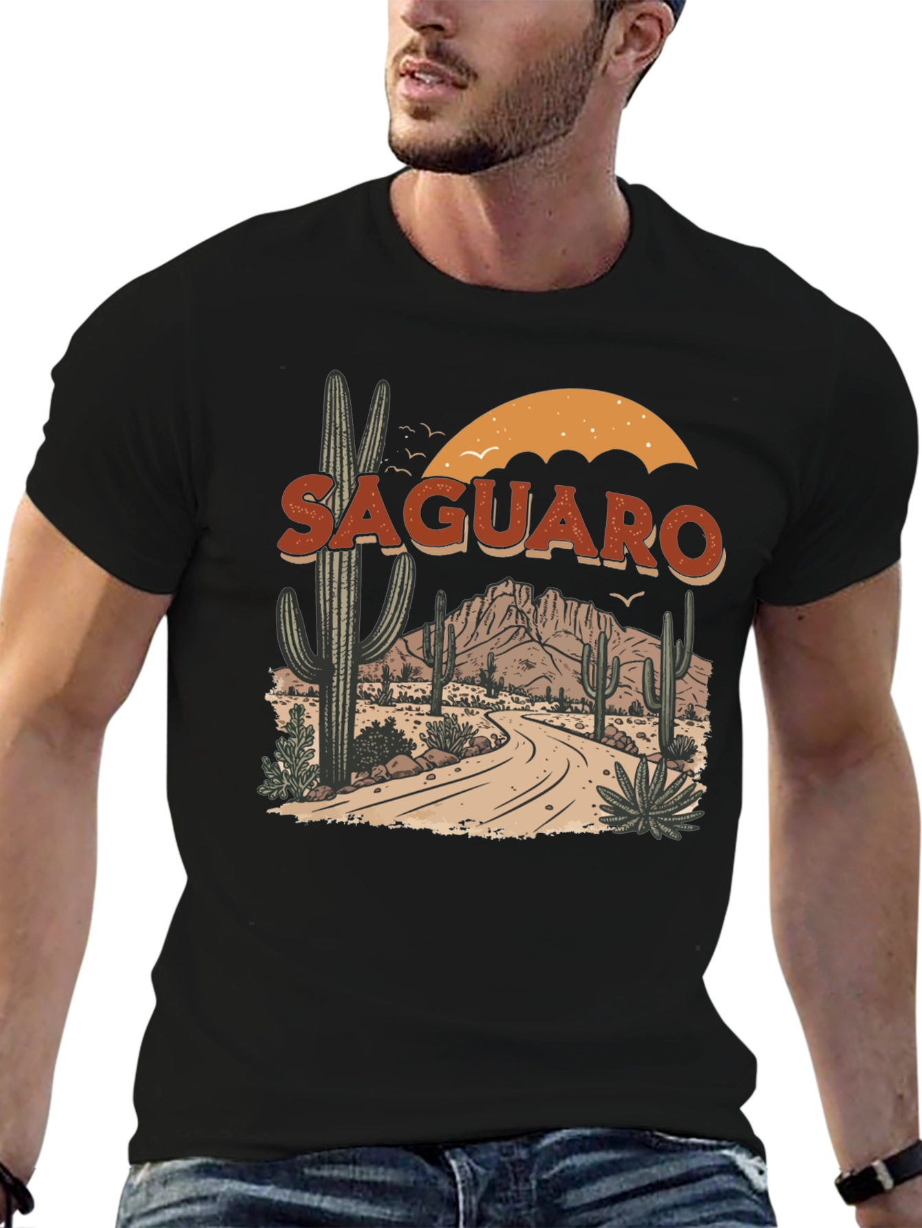 Black Saguaro Desert Graphic Tee - Black Cotton T-Shirt view 6