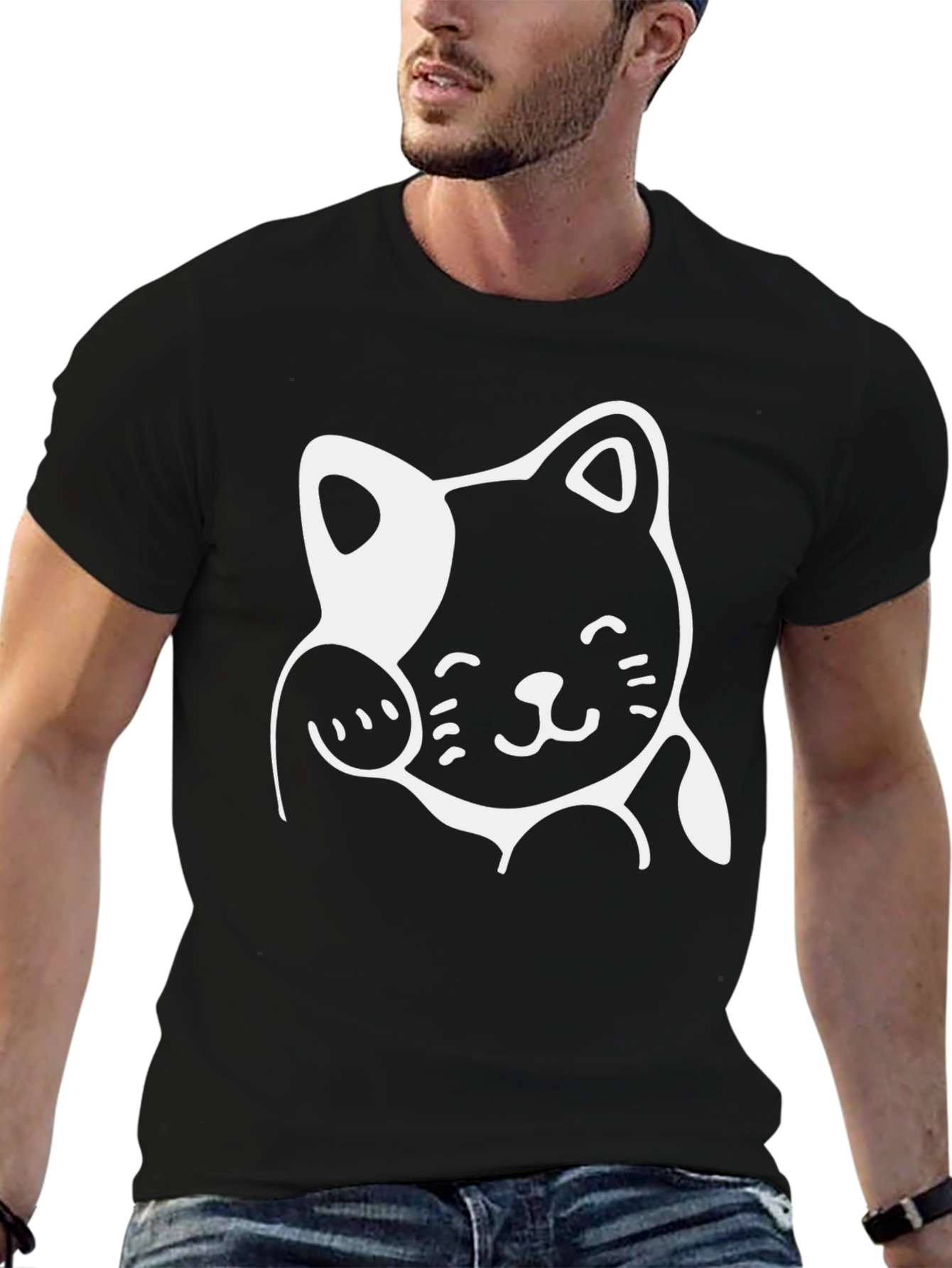 Black Cute Cat Graphic Tee - Black Cotton Casual T-Shirt view 6