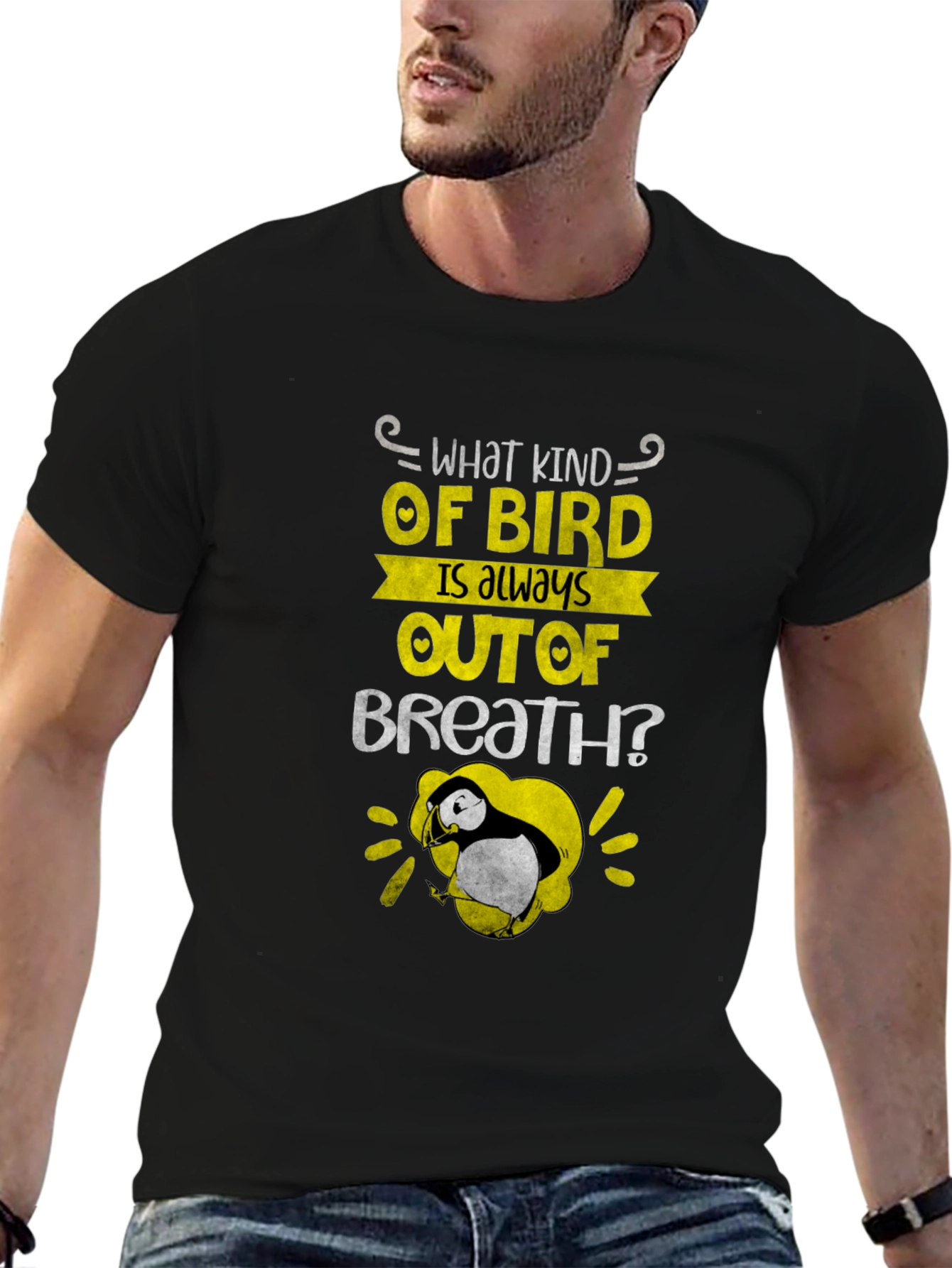 Black Out of Breath Puffin Joke T-Shirt view 6