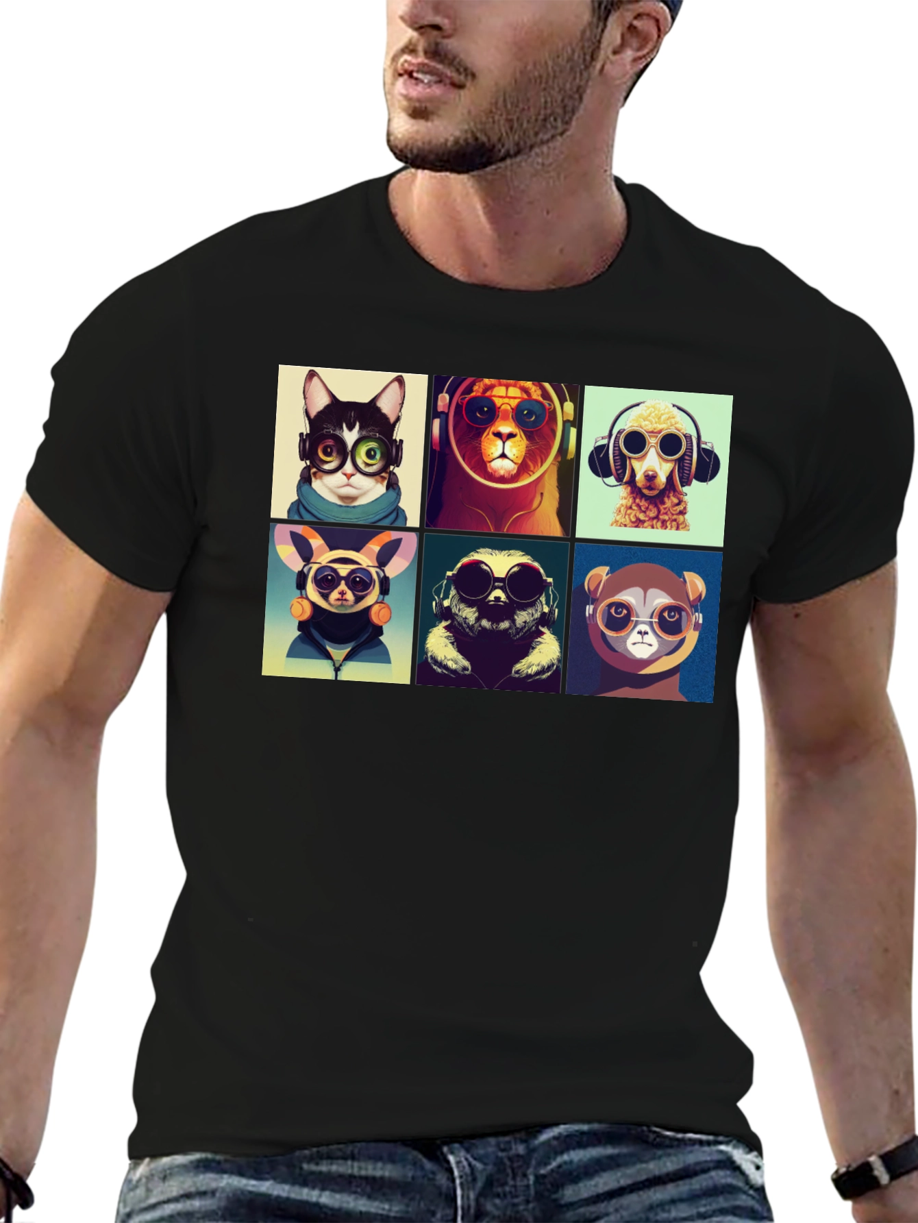 Black Hipster Animals T-Shirt: Cool Graphic Tee view 6