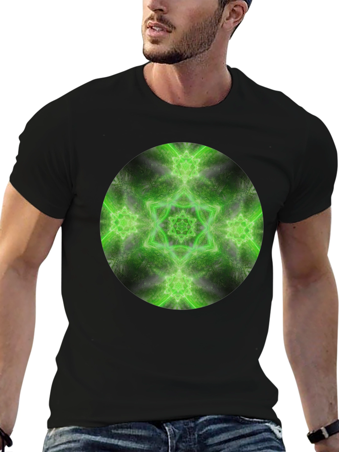 Black Green Mandala Graphic Tee - Men's Black T-Shirt view 6