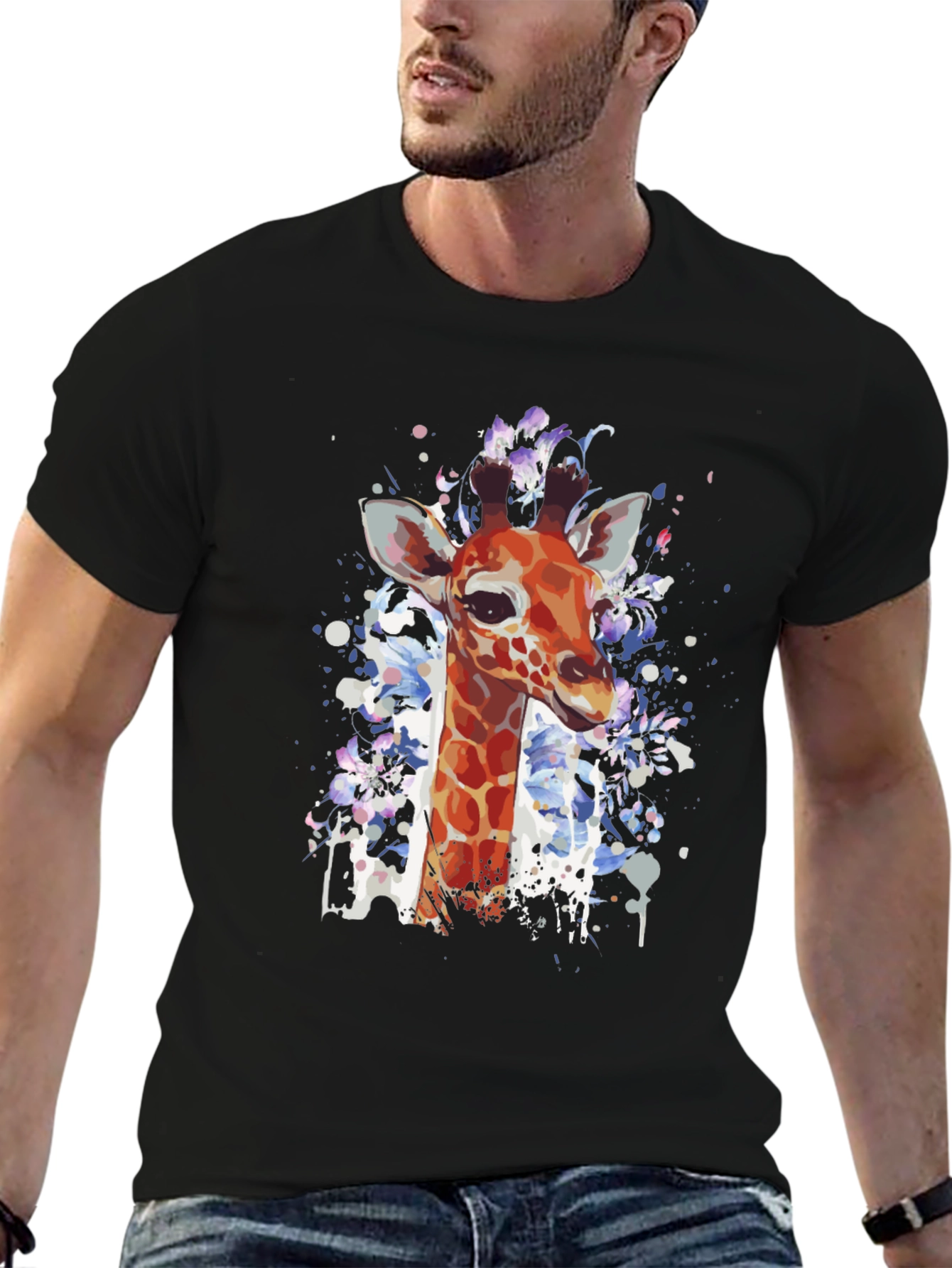 Black Giraffe Watercolor Graphic Tee - Casual Black T-Shirt view 6