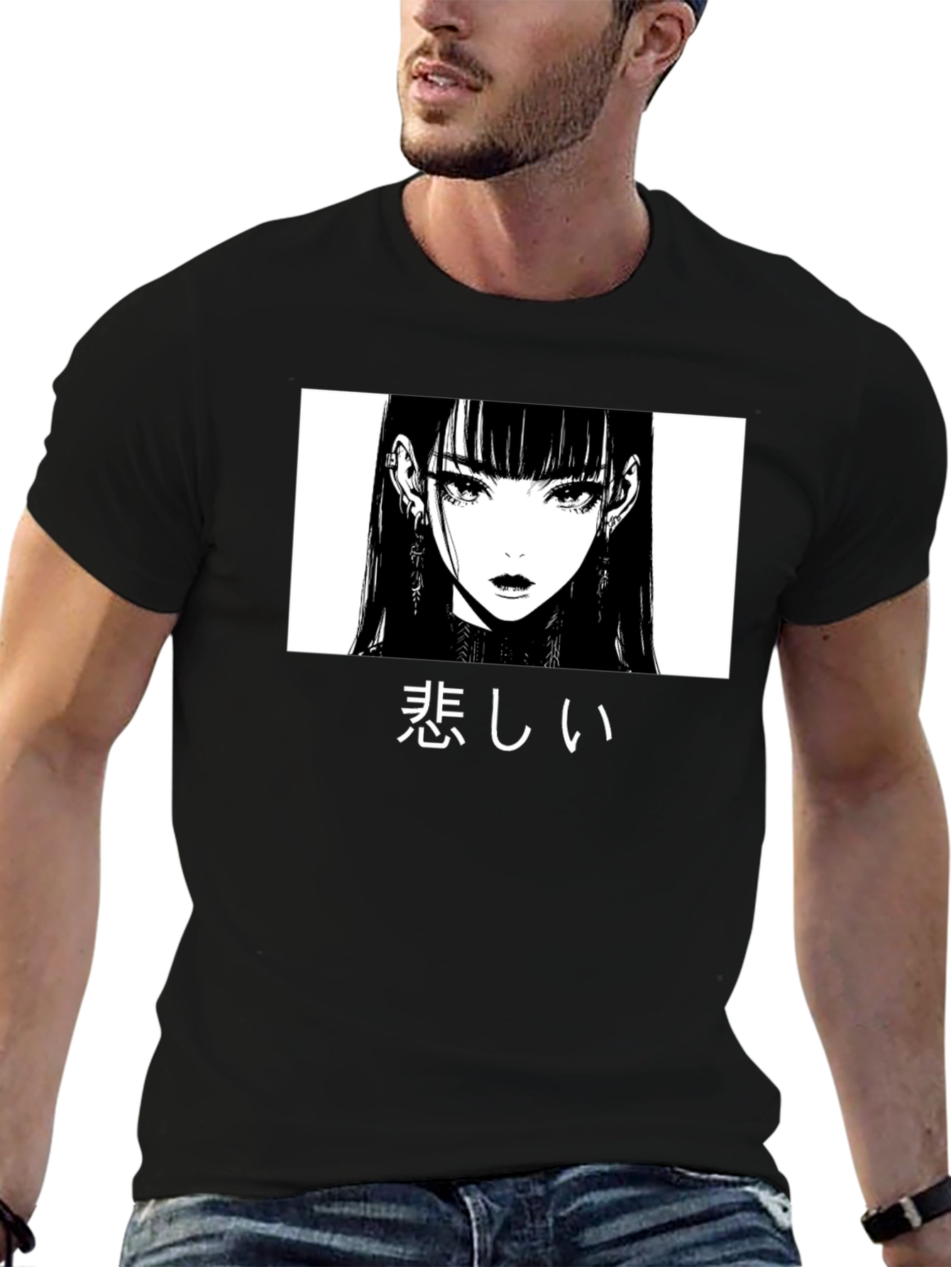 Black Sad Anime Girl Graphic T-Shirt view 6