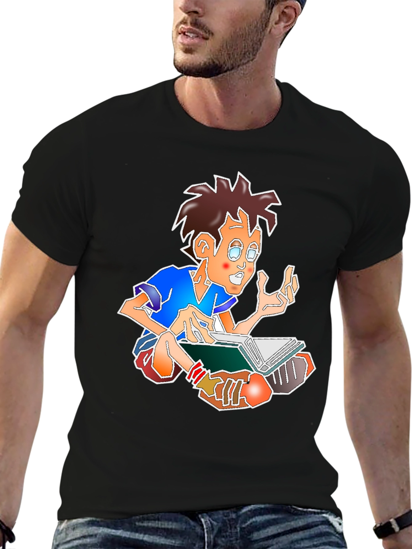 Black Cartoon Boy Reading Book Black Tee view 6