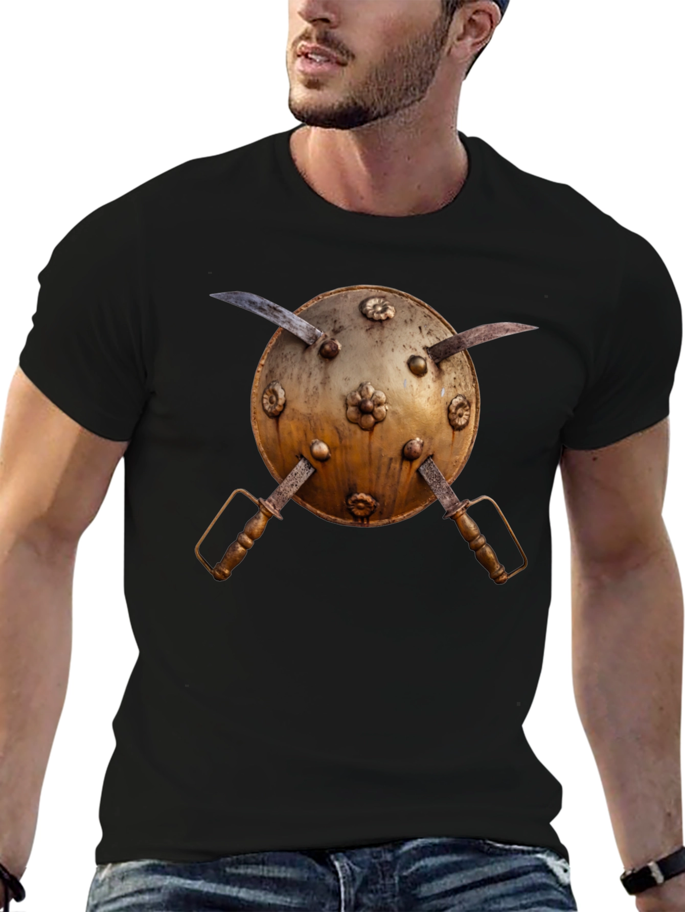 Black Medieval Shield and Sword Graphic Tee view 6