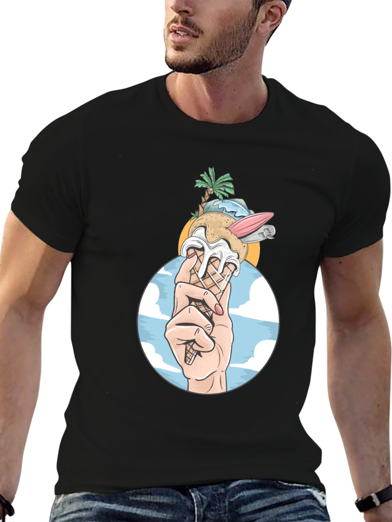 Black Tropical Ice Cream Cone Graphic Tee - Black Cotton Shirt view 6