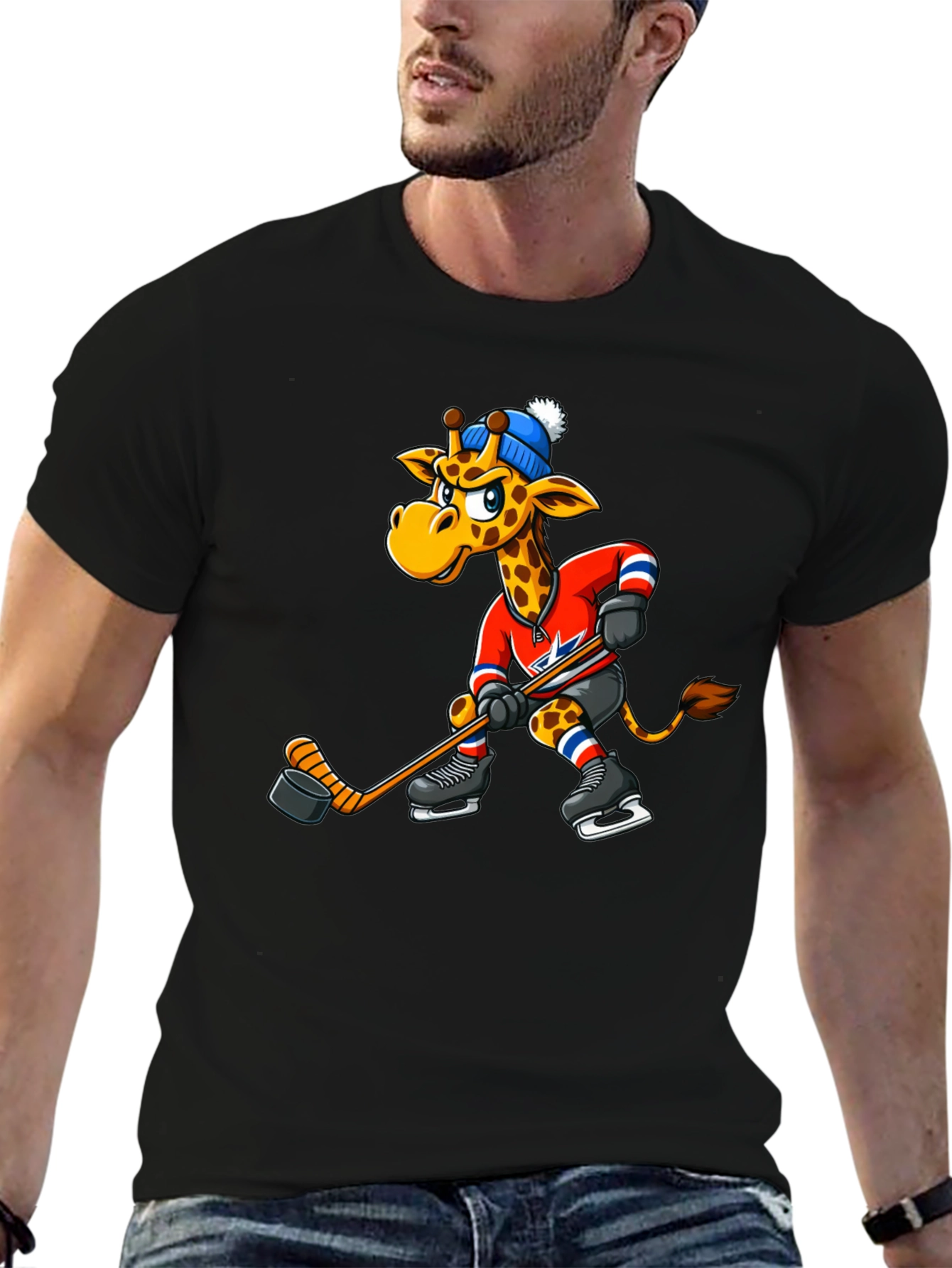 Black Hockey Giraffe Graphic Tee - Black Cotton T-Shirt view 6