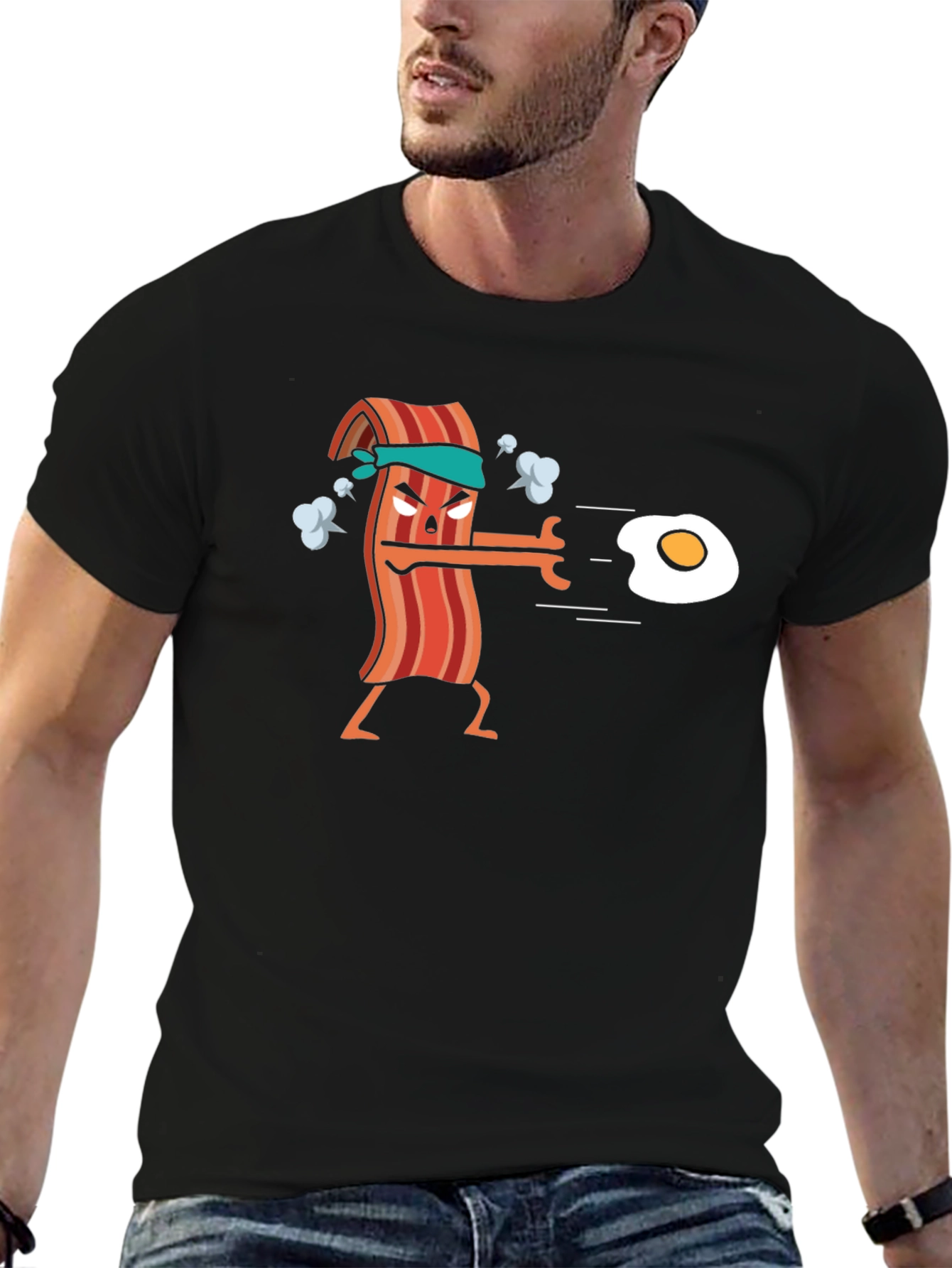Black Bacon vs Egg Funny T-Shirt view 6