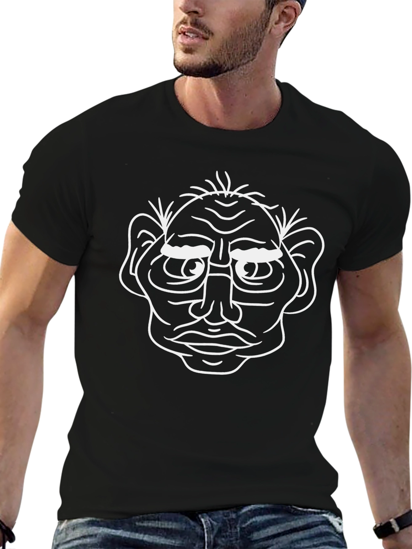 Black Unique Graphic Tee - Old Man Face Design, Black Cotton view 6