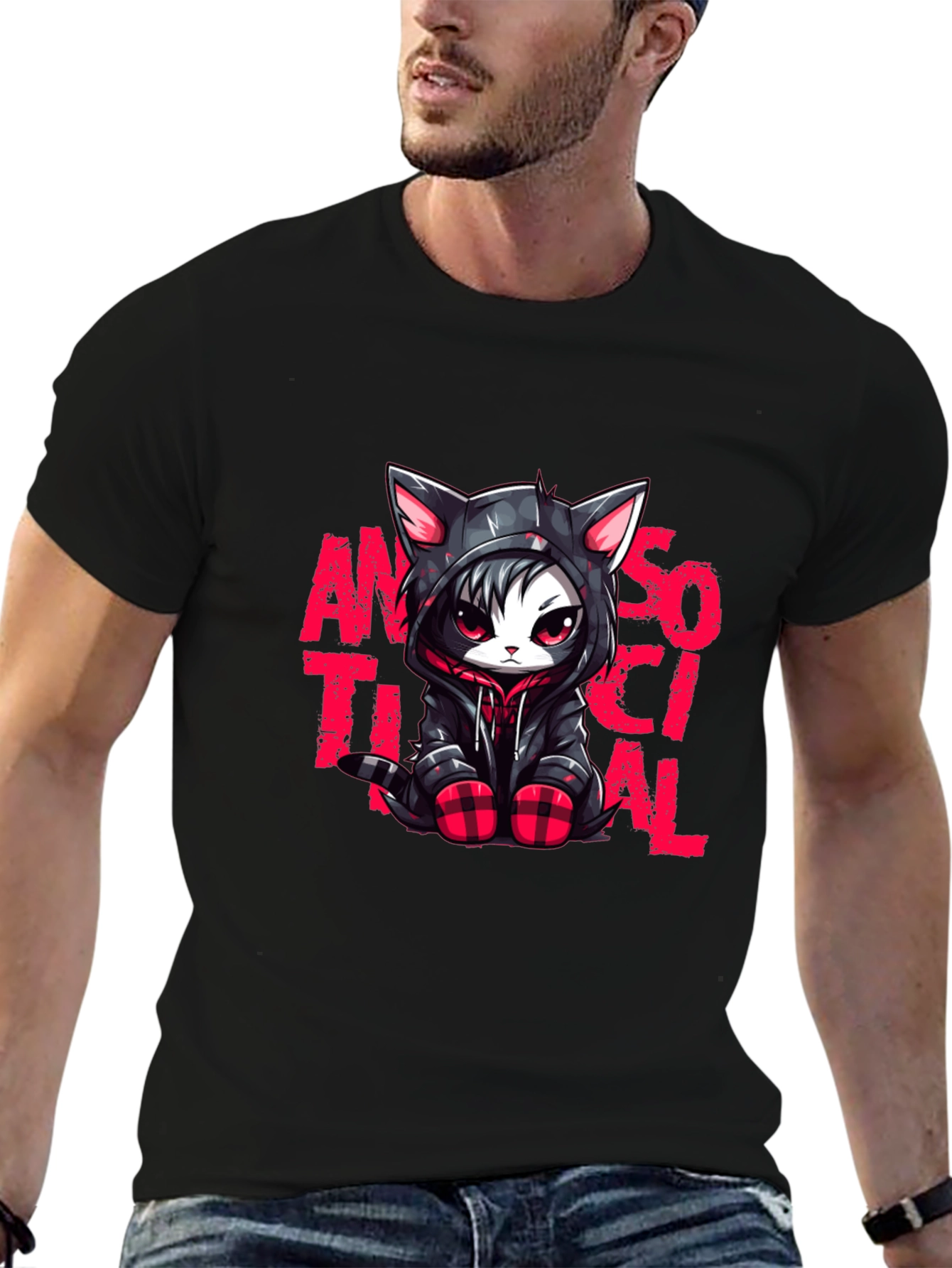 Black Antisocial Cat Graphic Black T-Shirt view 6
