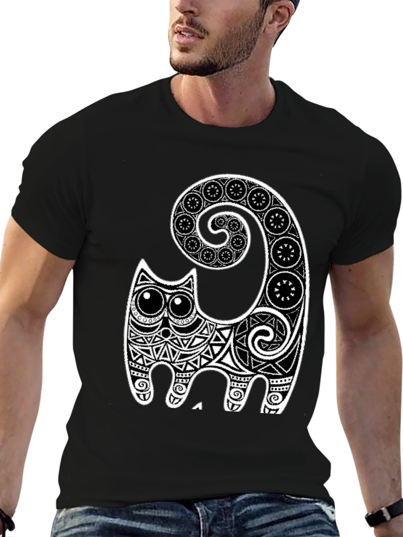 Black Tribal Cat Graphic Tee - Black view 6