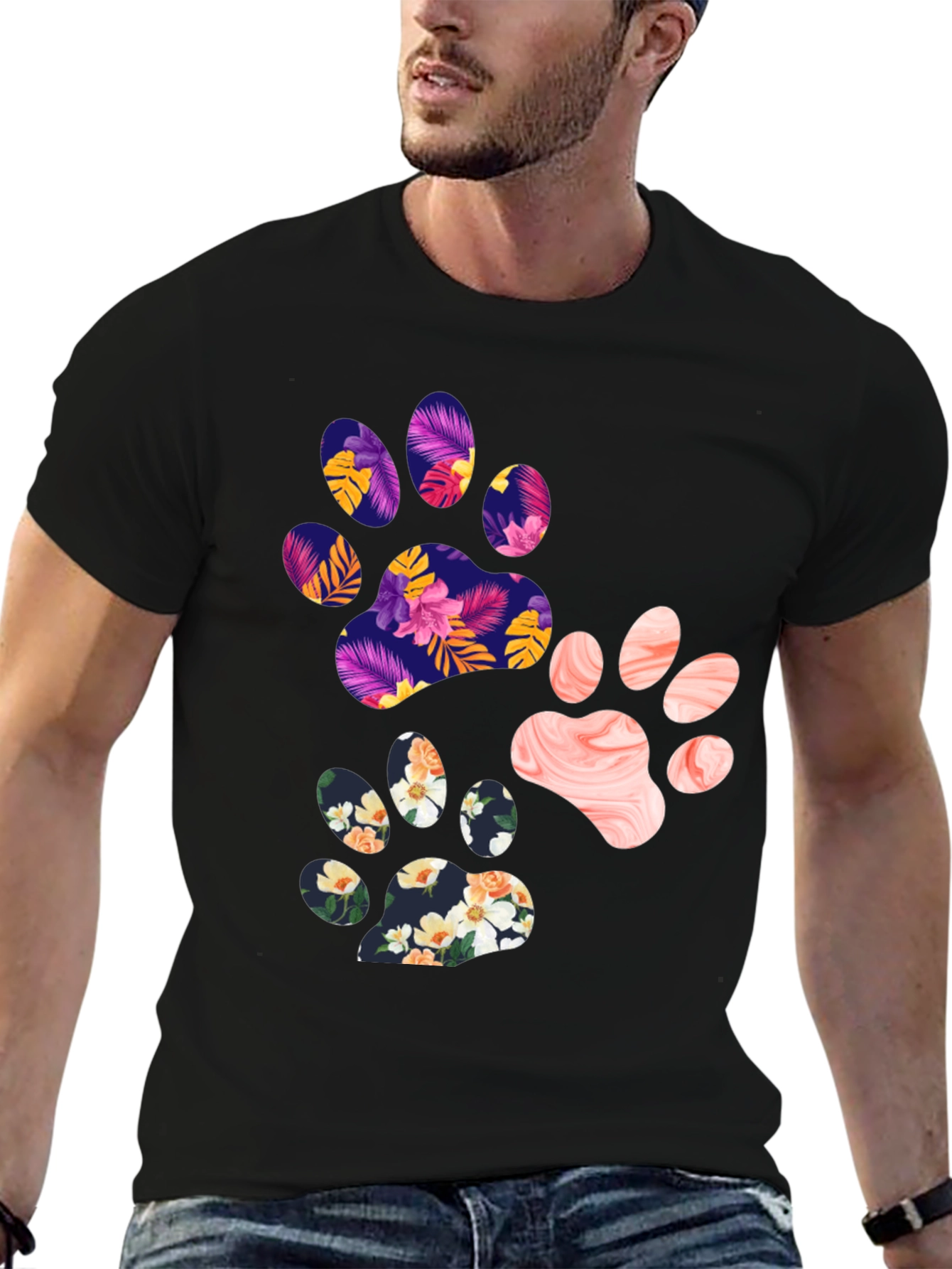 Black Floral Paw Print Graphic Tee - Unisex view 6