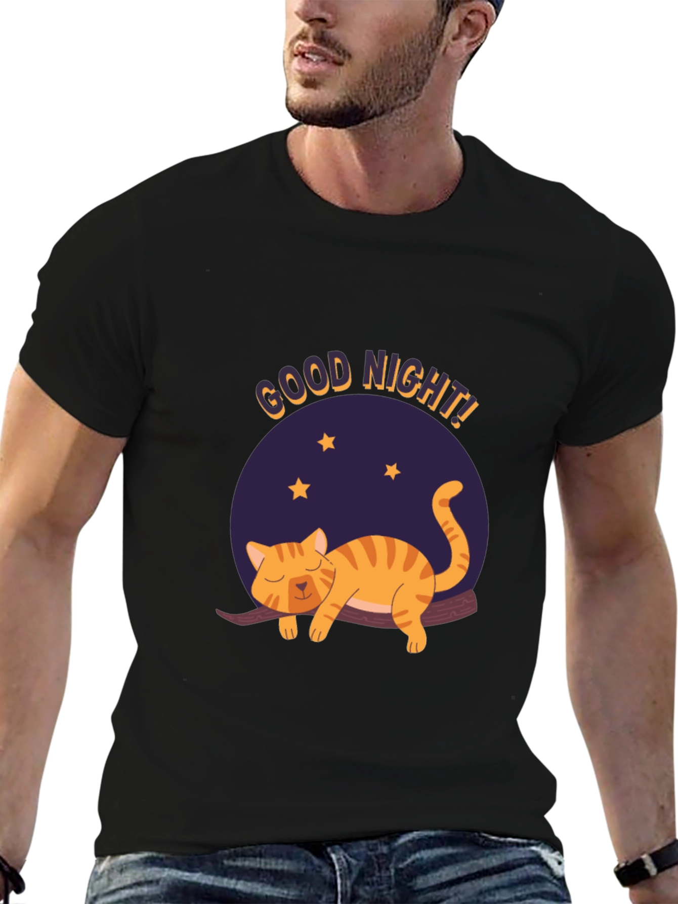 Black Good Night Cat Graphic T-Shirt - Black view 6