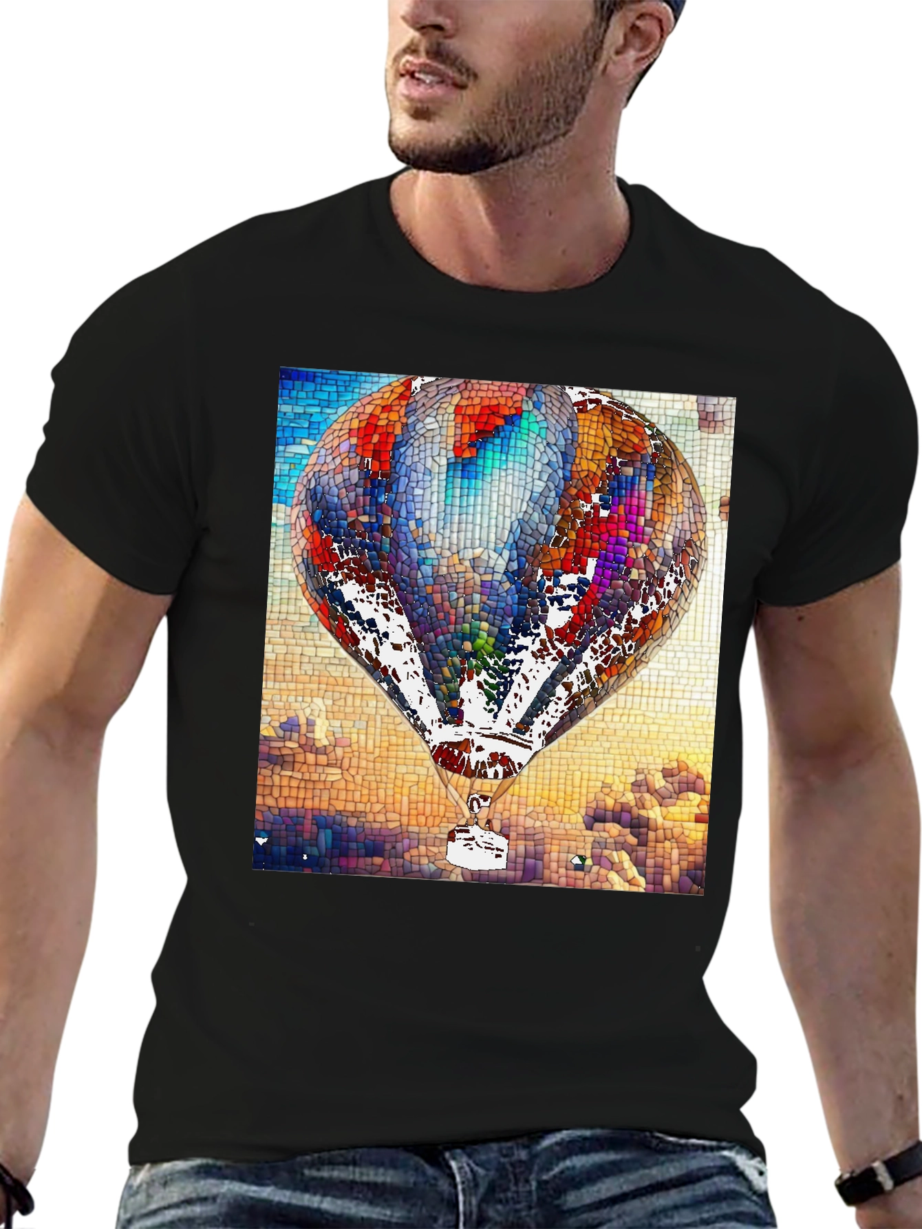 Black Mosaic Hot Air Balloon Black T-Shirt view 6