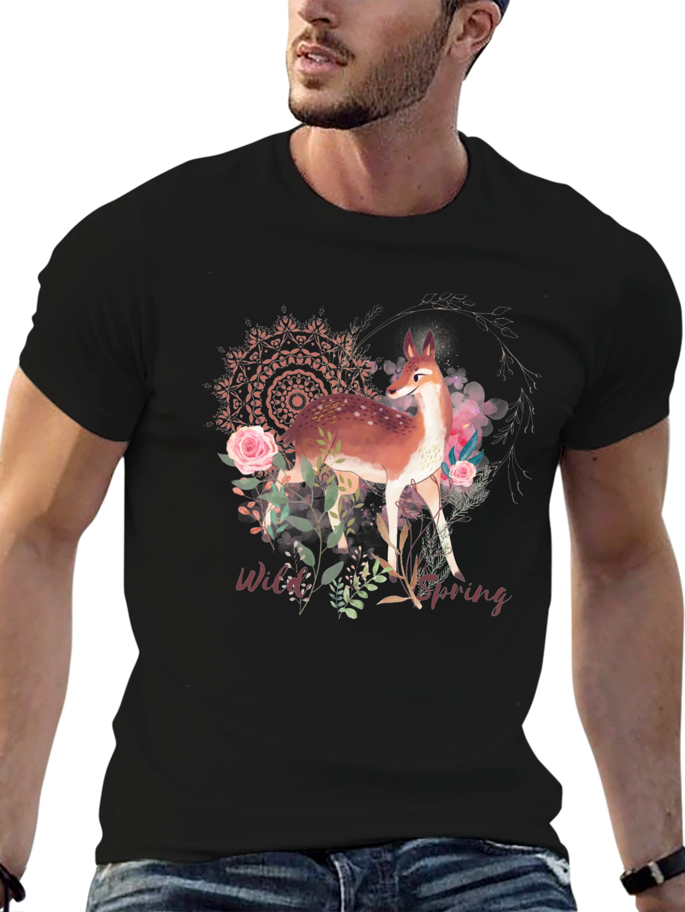Black Wild Spring Deer Graphic T-Shirt view 6