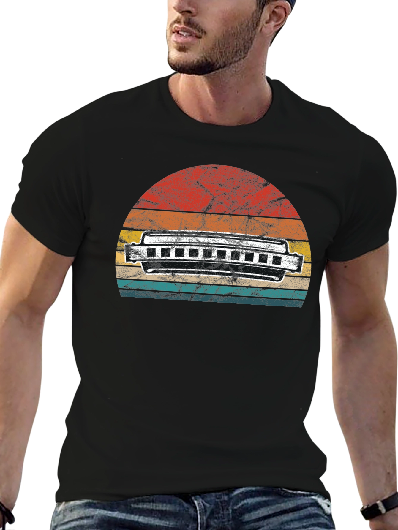 Black Vintage Harmonica Sunset T-Shirt view 6