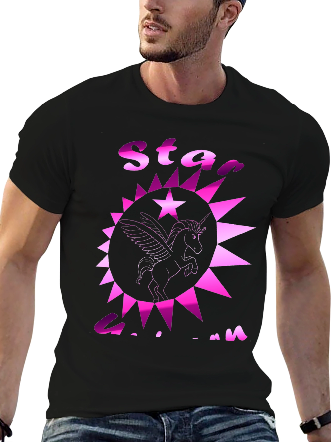 Black Star Unicorn Graphic Tee - Black Cotton Casual T-Shirt view 6