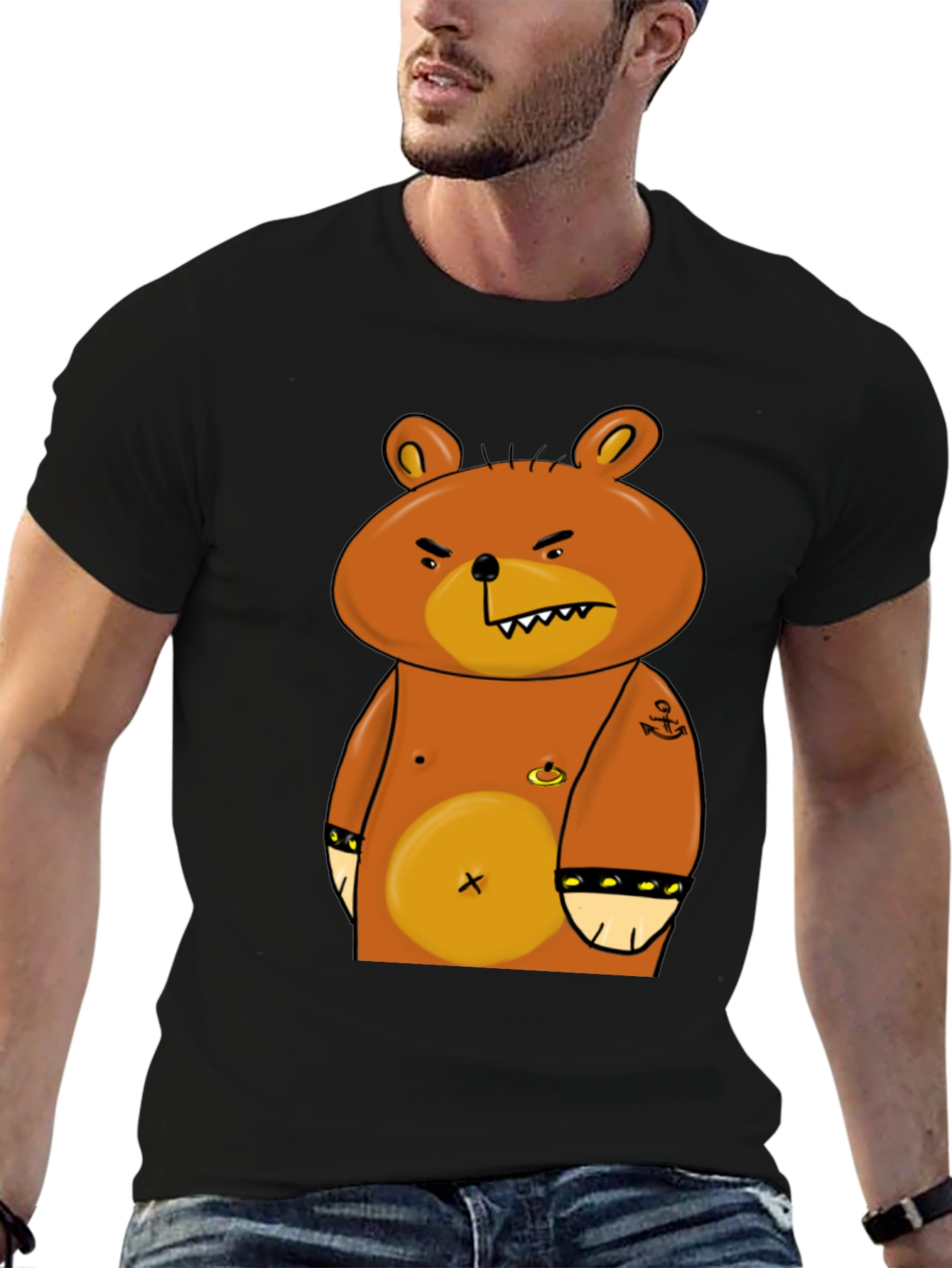 Black Angry Cartoon Bear Graphic T-Shirt view 6