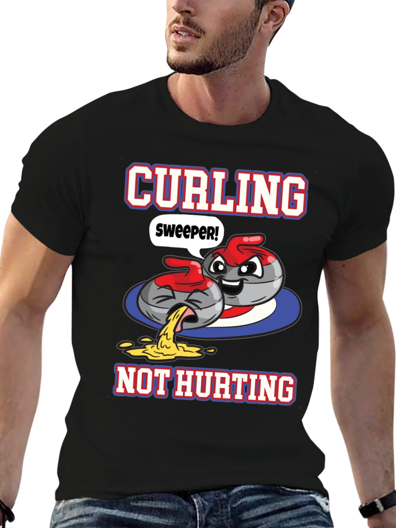 Black Funny Curling T-Shirt - Sweeper, Not Hurting! view 6