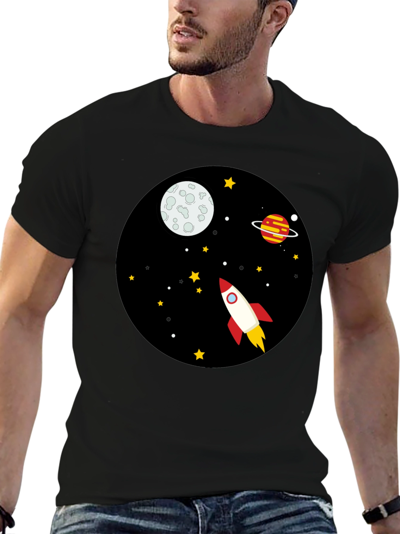 Black Space Rocket Graphic Tee - Unisex Black T-Shirt view 6