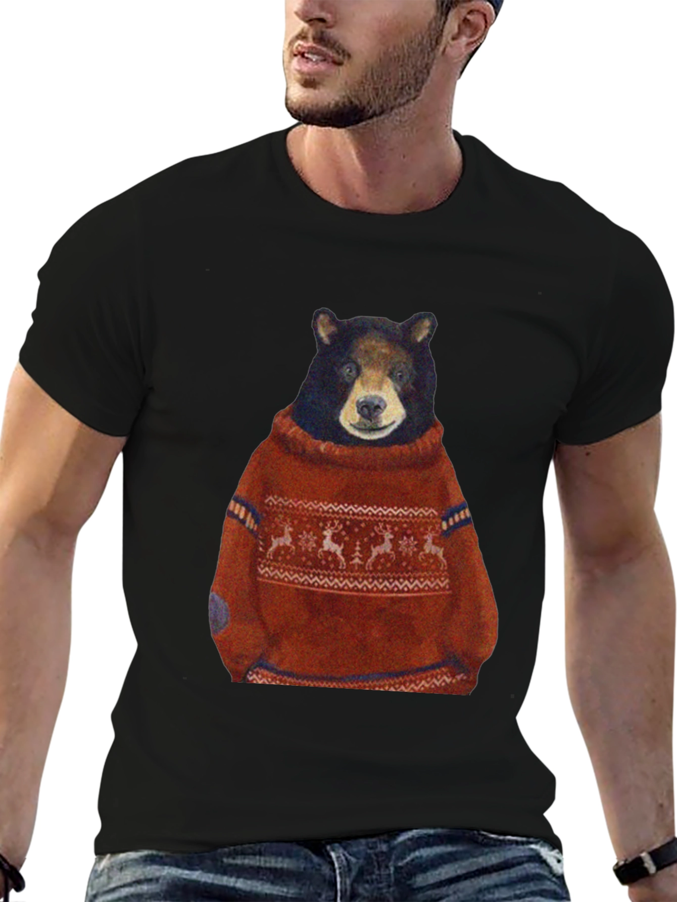 Black Bear in Sweater Graphic T-Shirt - Unique Design view 6