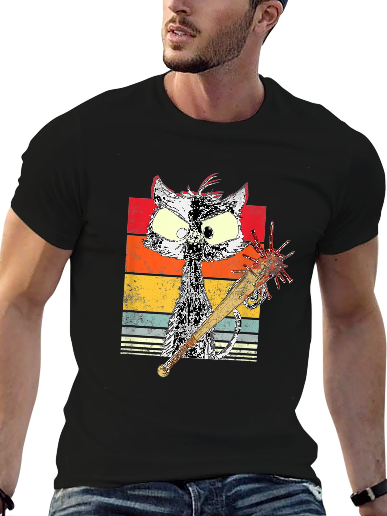 Black Retro Cat with Spiked Bat Graphic Tee view 6