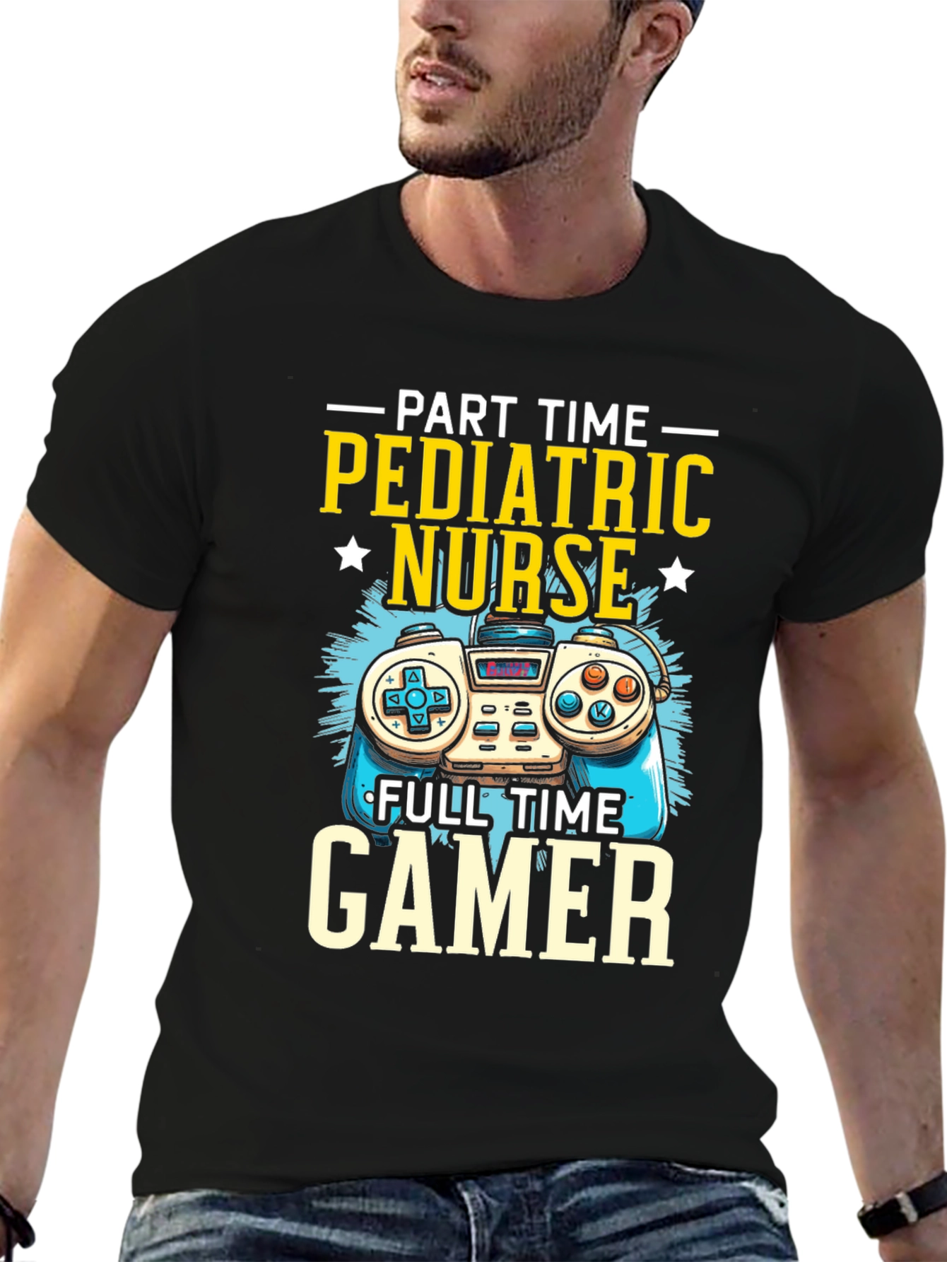 Black Pediatric Nurse Gamer T-Shirt - Funny Graphic Tee view 6