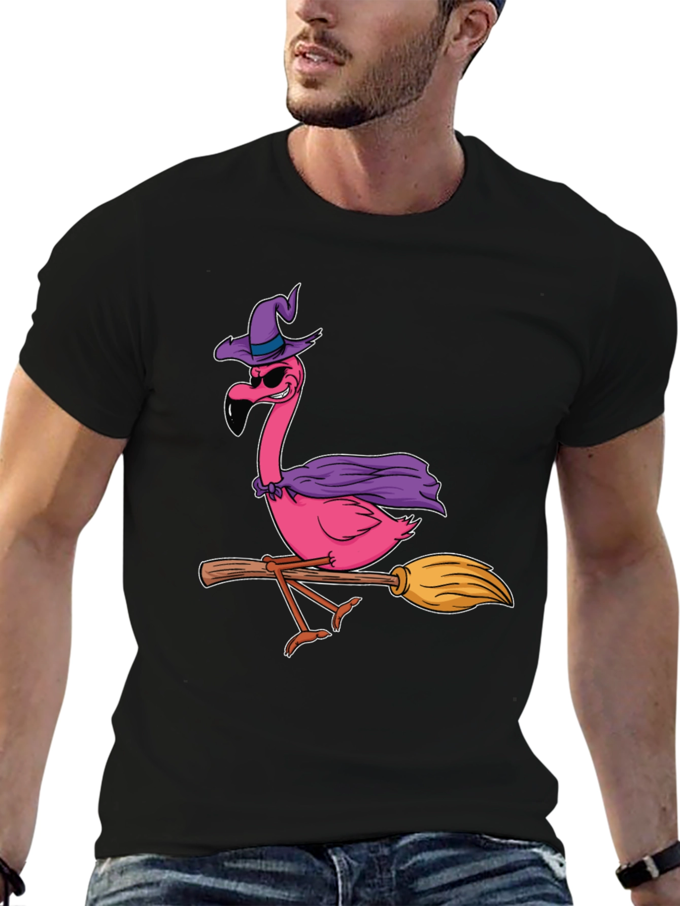 Black Witch Flamingo T-Shirt Halloween Costume Tee view 6