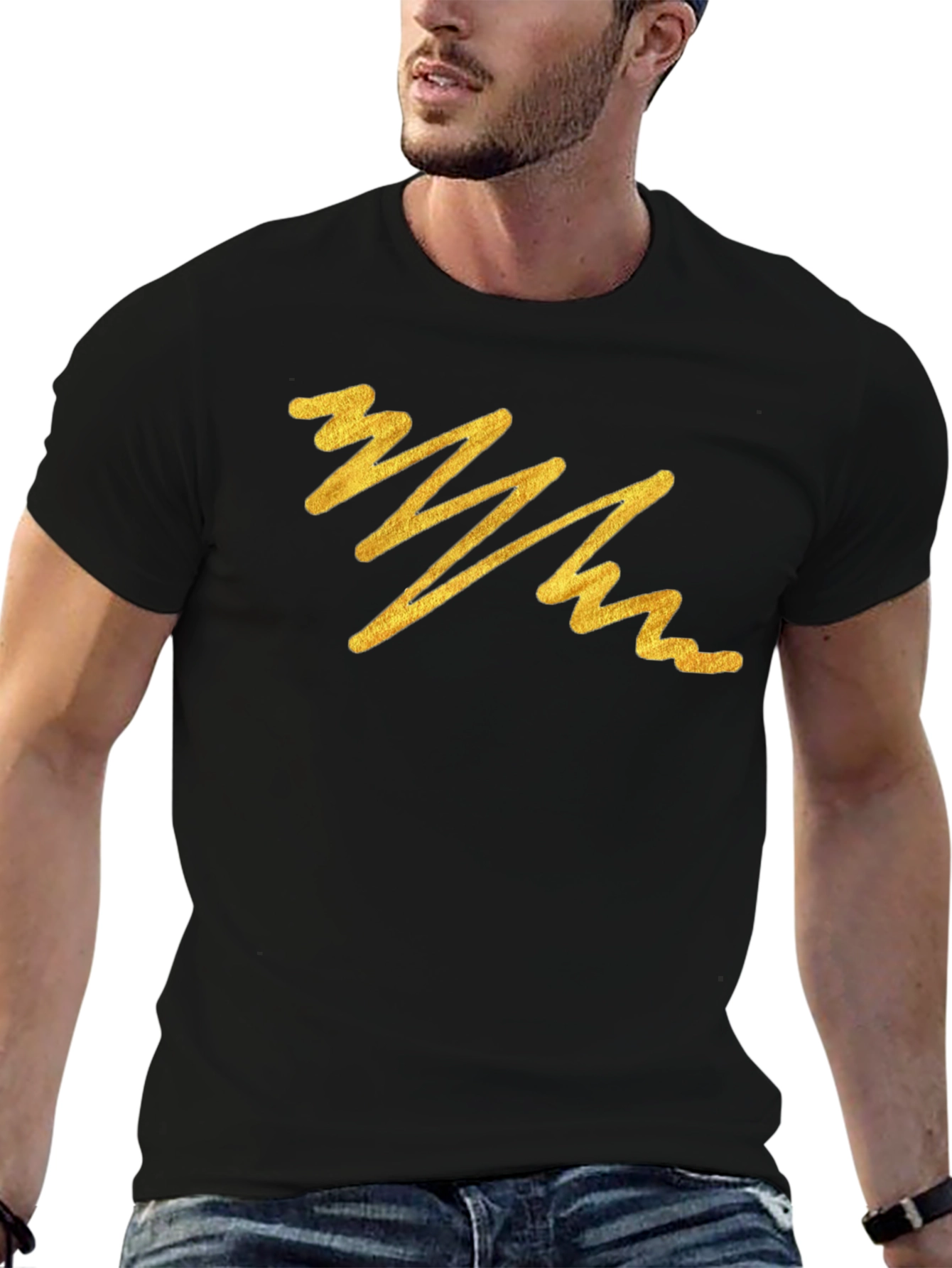 Black Men's Black T-Shirt with Abstract Gold Line Design view 6