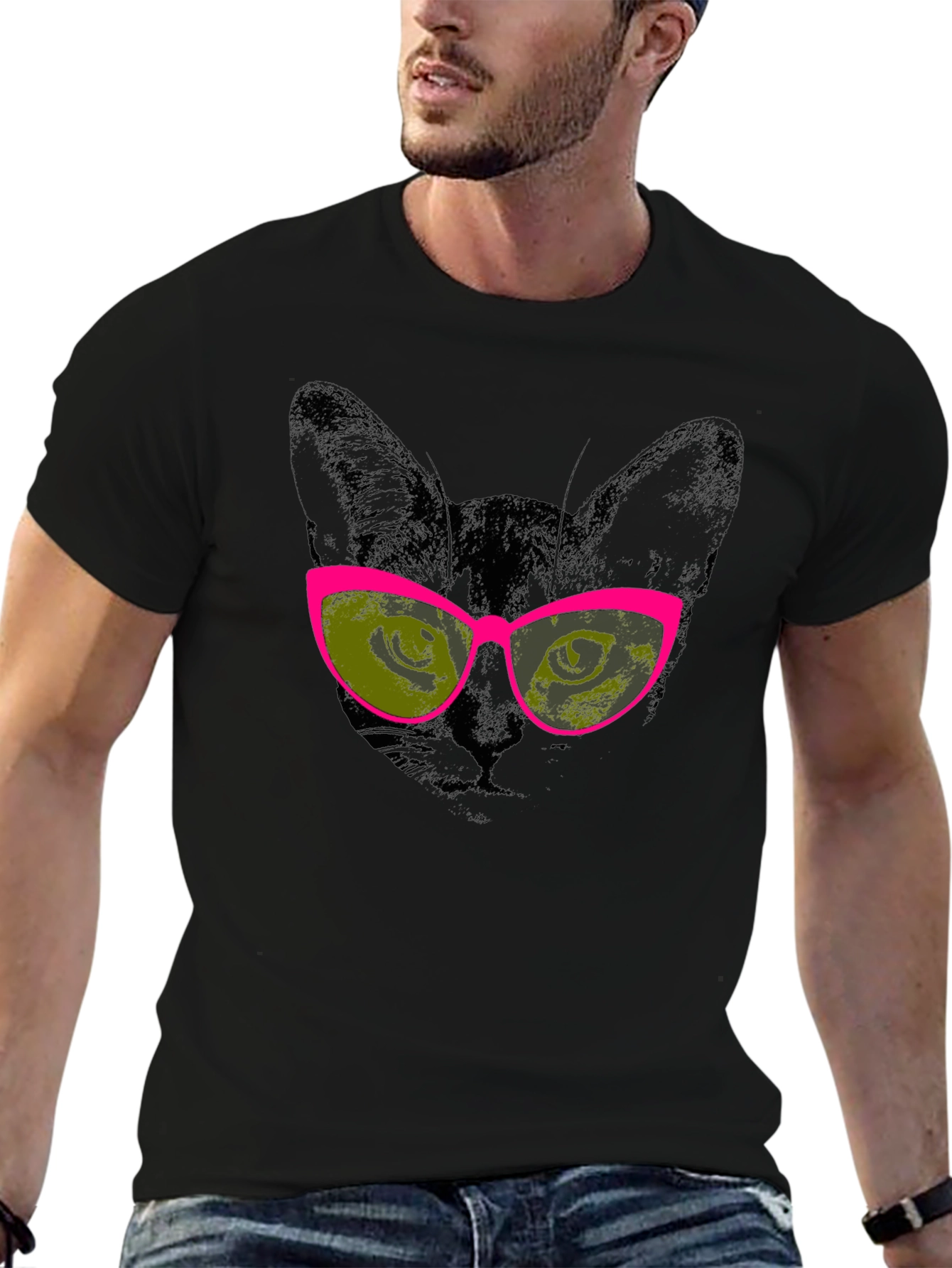 Black Cool Cat Graphic Tee - Black Cotton T-Shirt with Sunglasses view 6