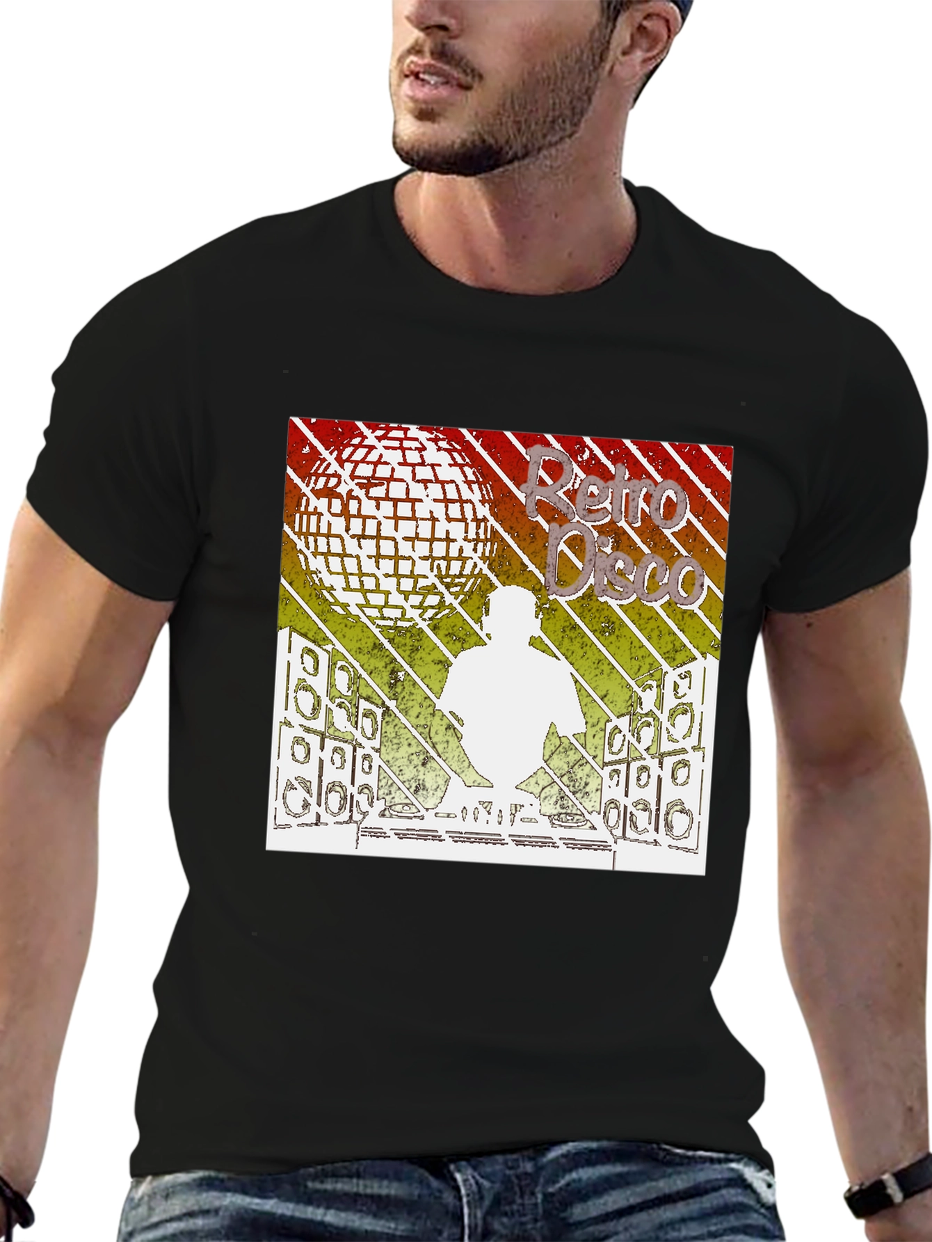 Black Retro Disco Graphic Tee - Black Cotton T-Shirt view 6