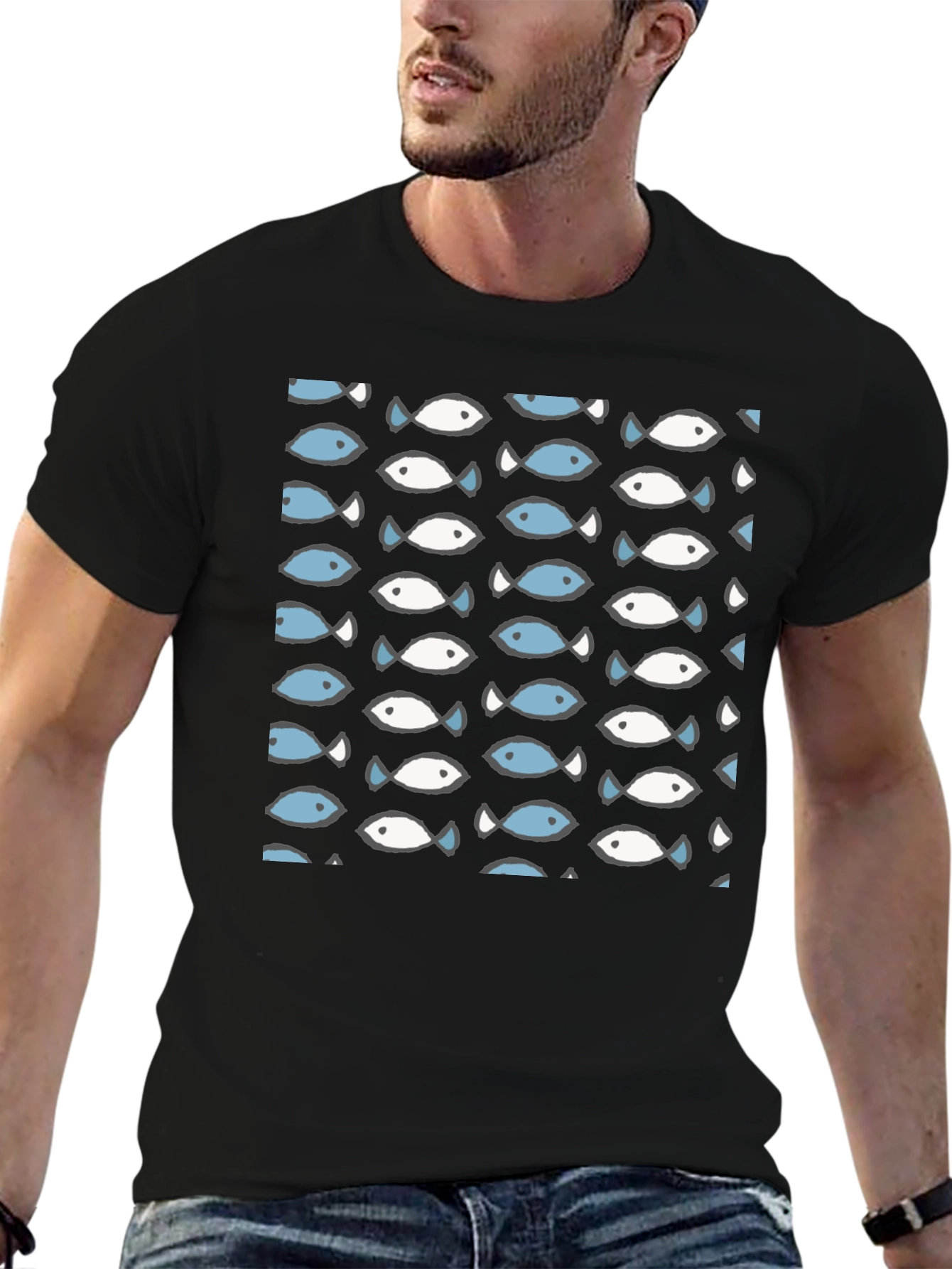 Black Fish Pattern T-Shirt - Crew Neck view 6