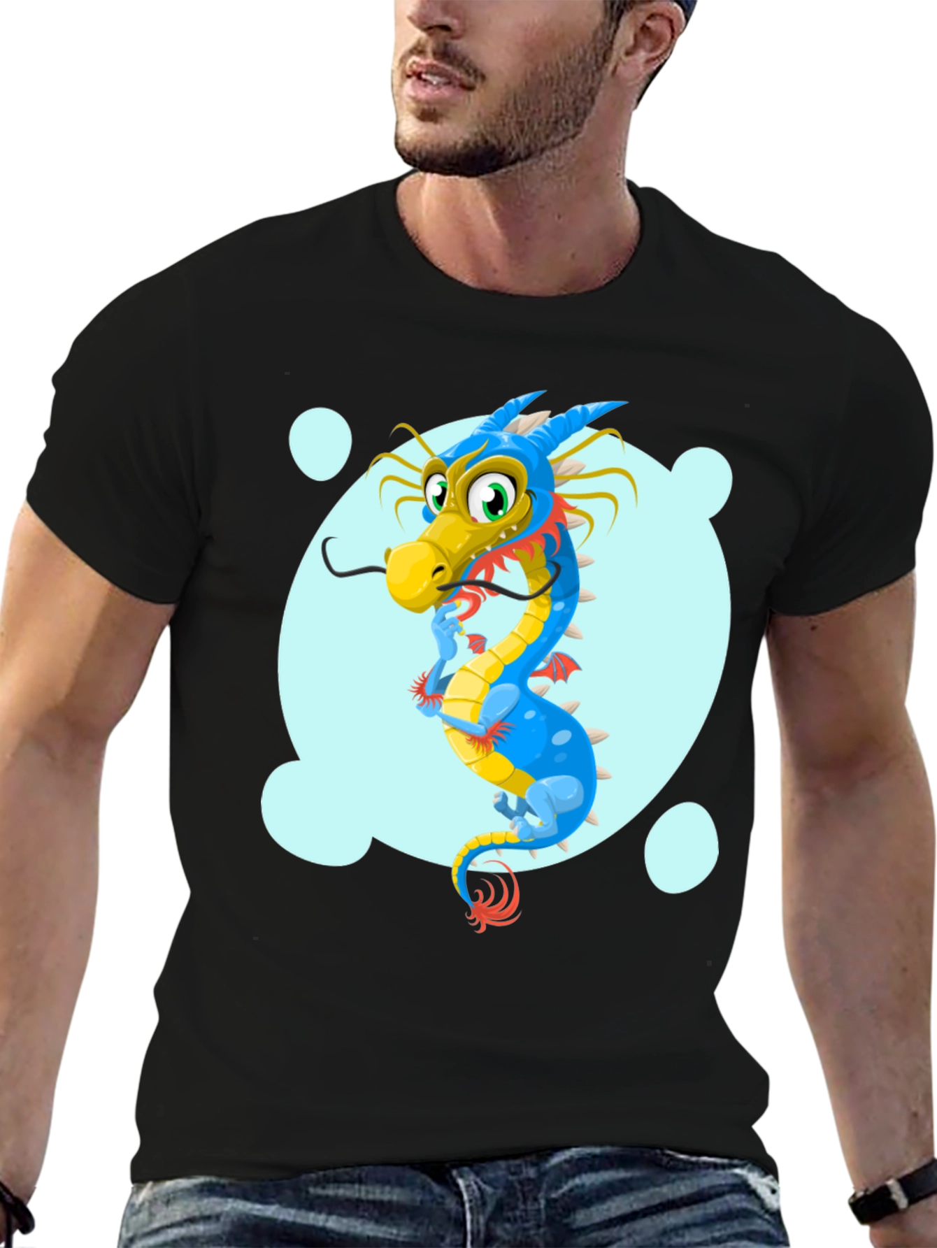 Black Cartoon Dragon Graphic Tee - Black Cotton T-Shirt view 6