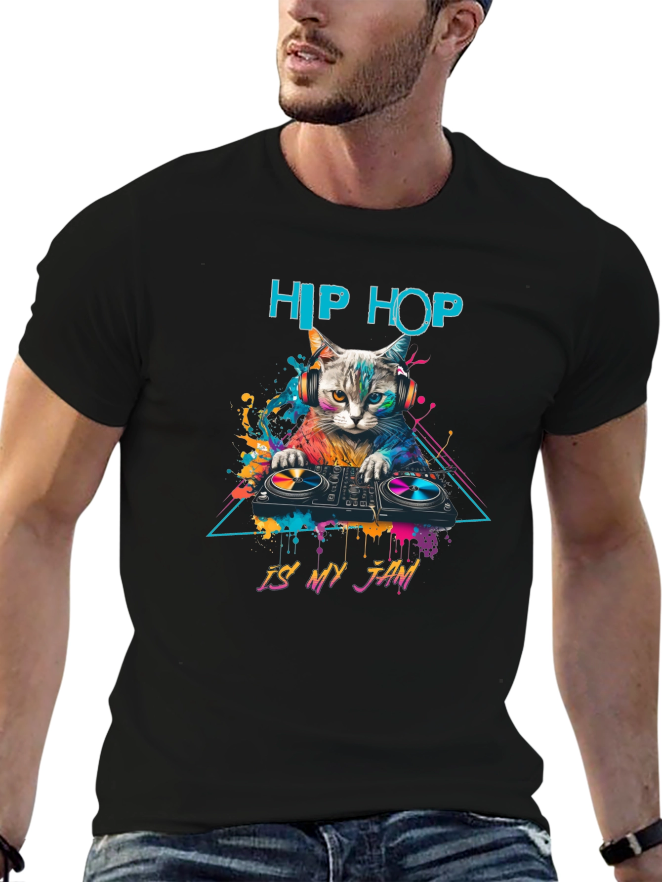 Black Hip Hop Cat DJ T-Shirt - Is My Jam view 6