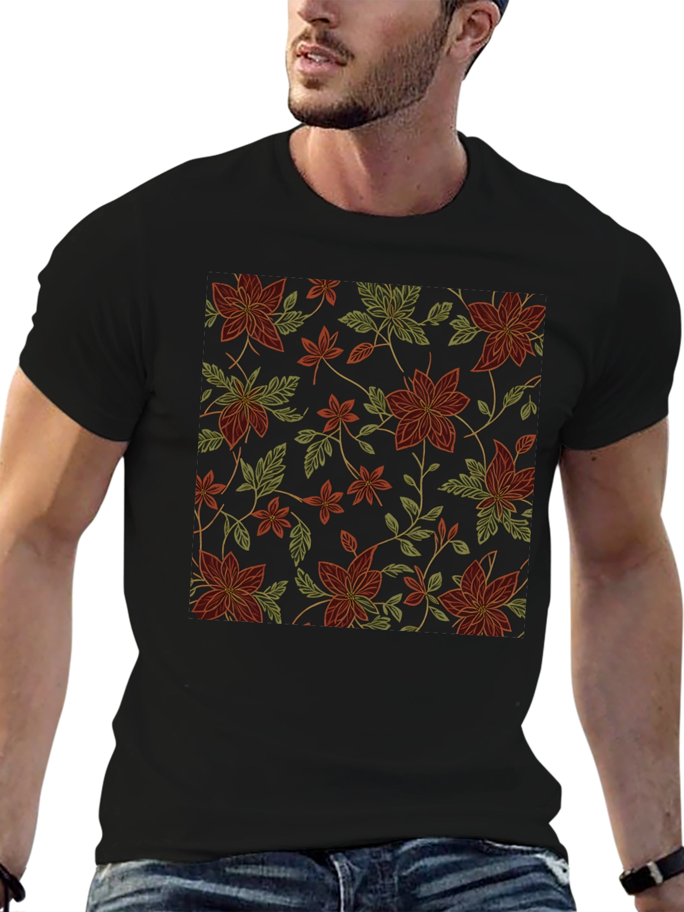 Black Floral Pattern Black T-Shirt view 6