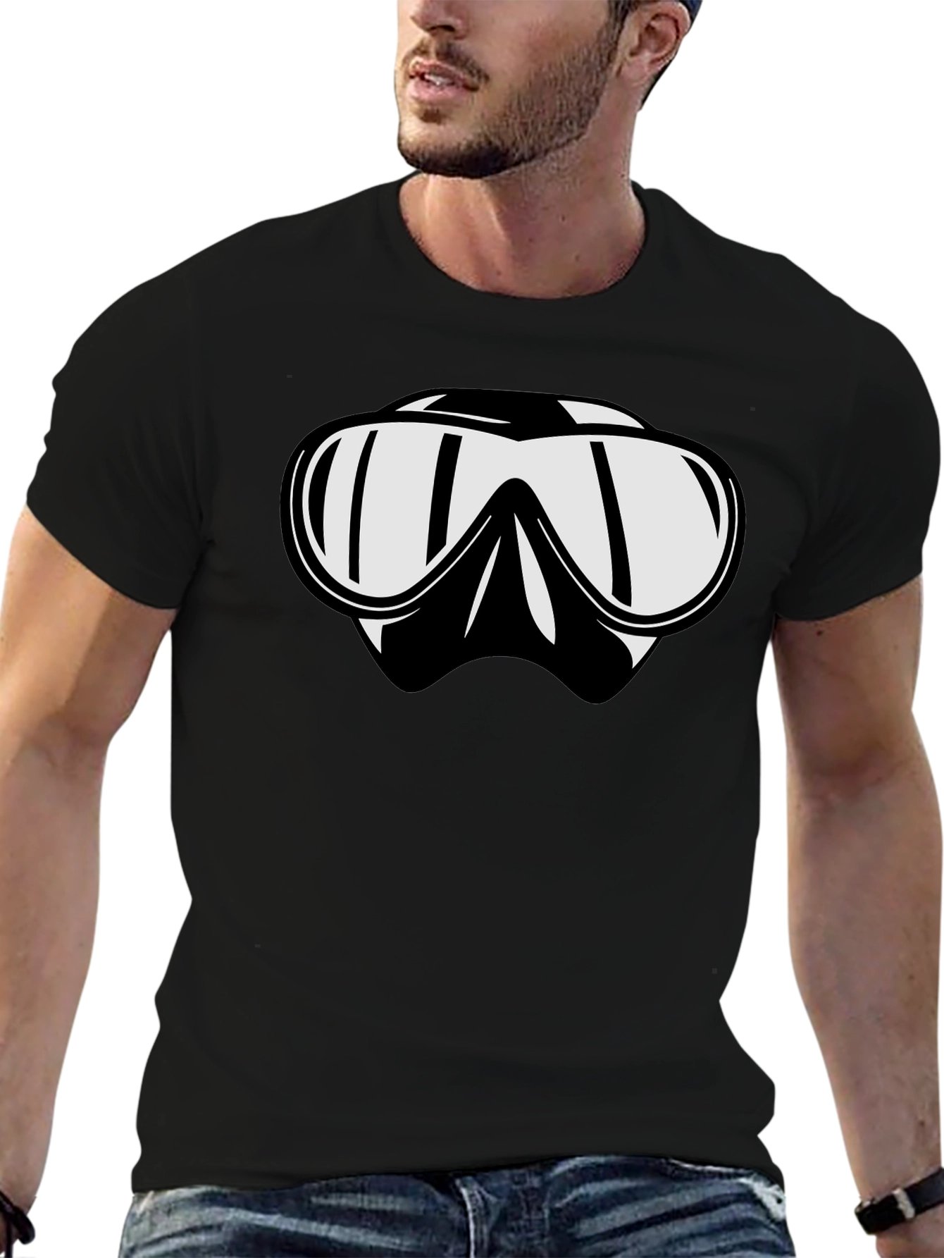 Black Diving Mask Graphic Tee - Black Cotton T-Shirt view 6