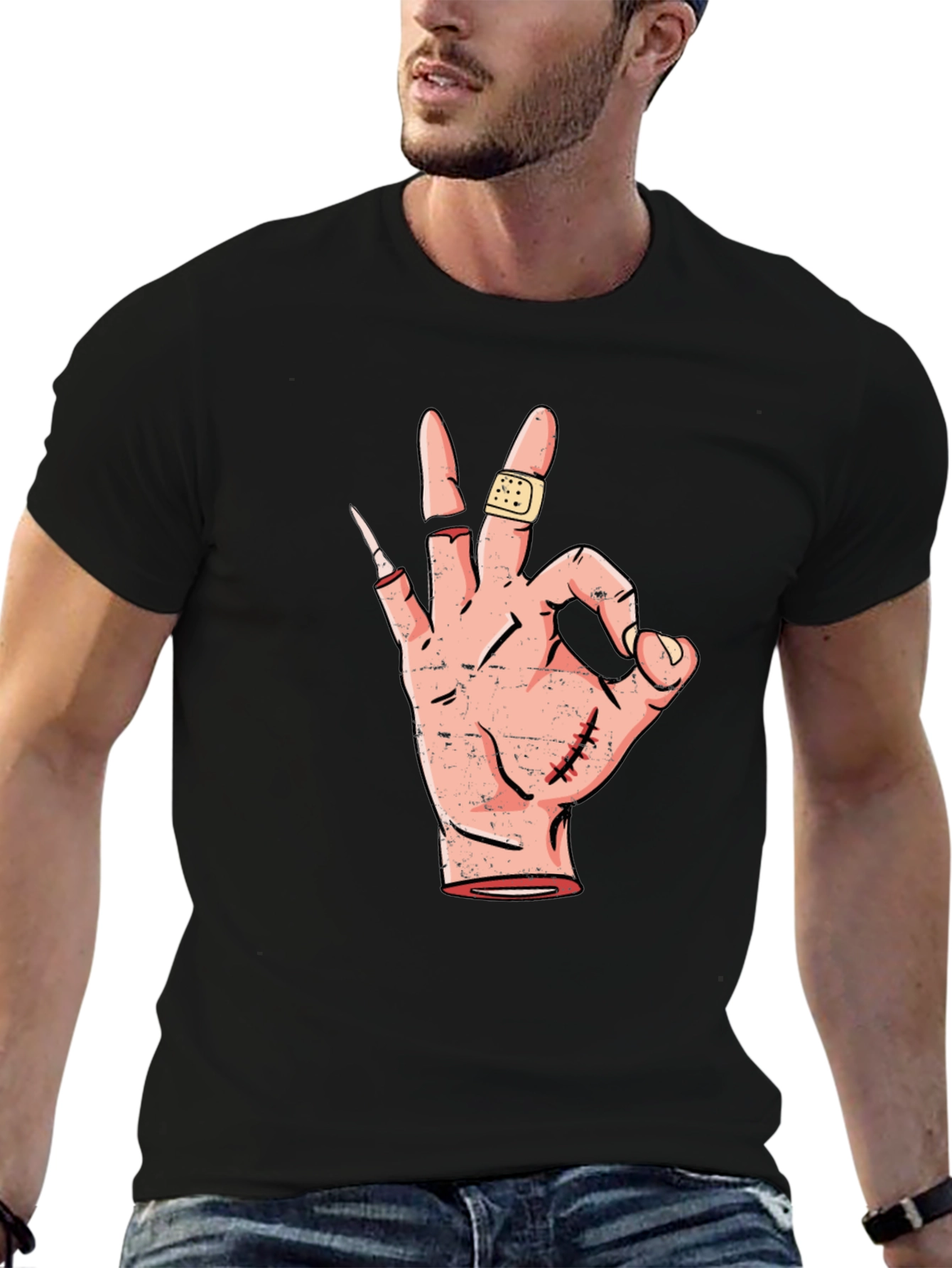 Black Funny OK Hand Sign Graphic Tee - Black Cotton T-Shirt view 6