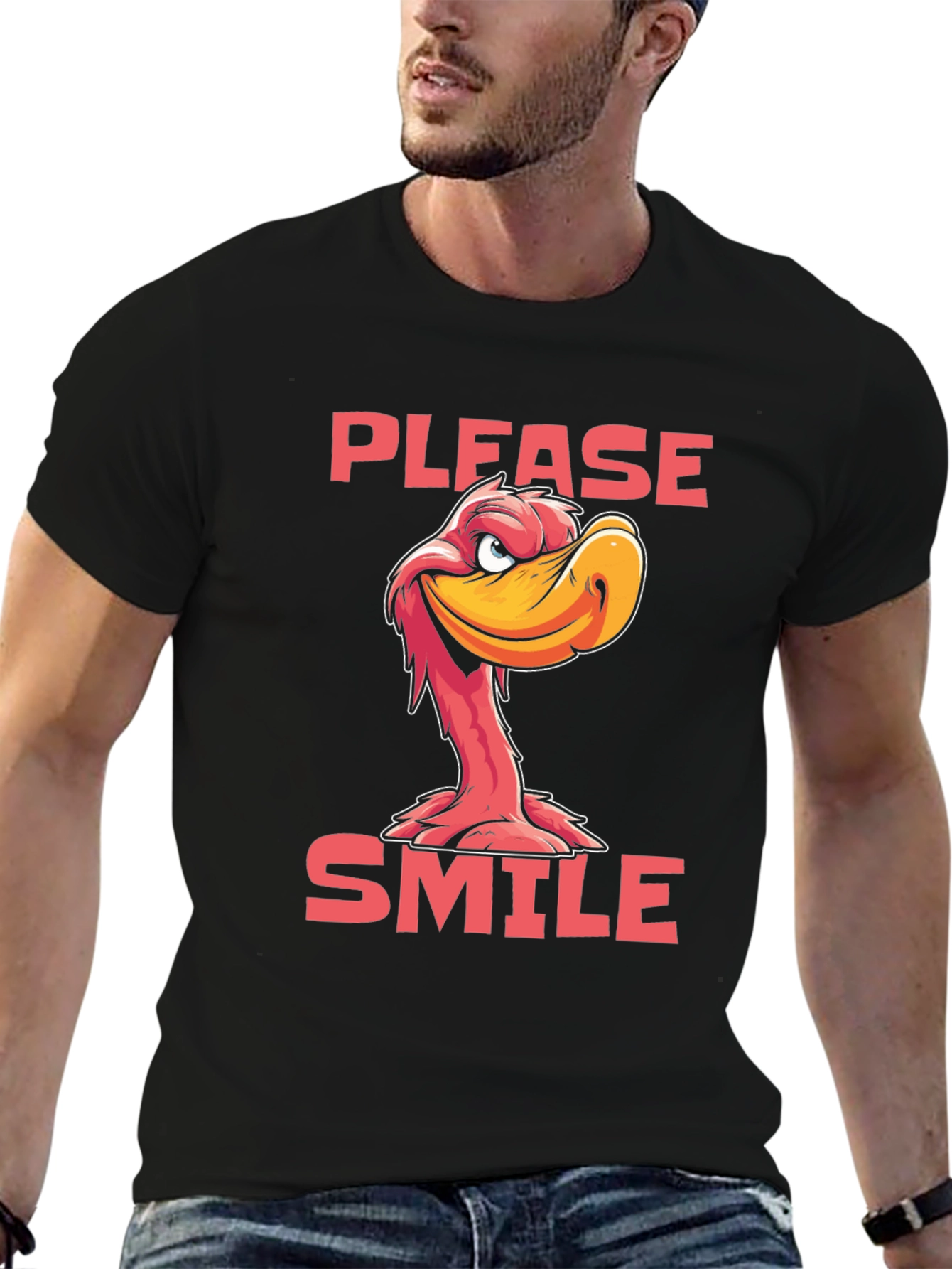 Black Please Smile Cartoon Duck Graphic Tee view 6