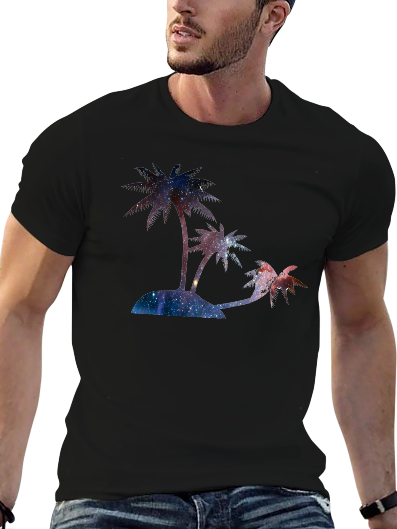 Black Galaxy Palm Tree Graphic T-Shirt view 6