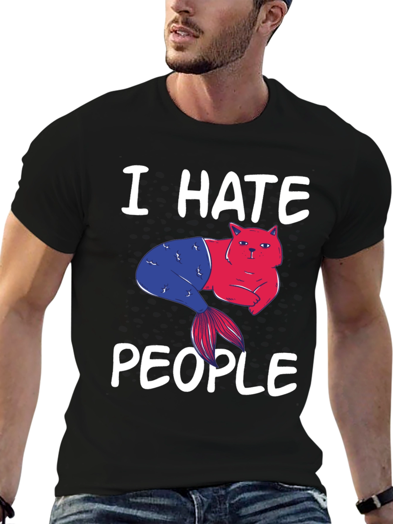 Black I Hate People Cat Mermaid Graphic Tee view 6