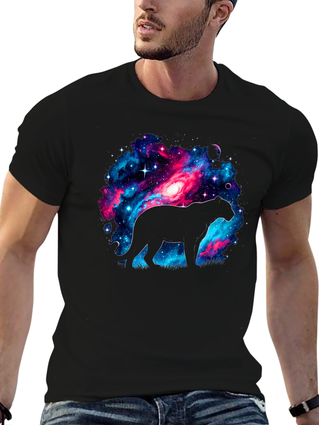 Black Galaxy Panther T-Shirt - Cosmic Cat Design view 6