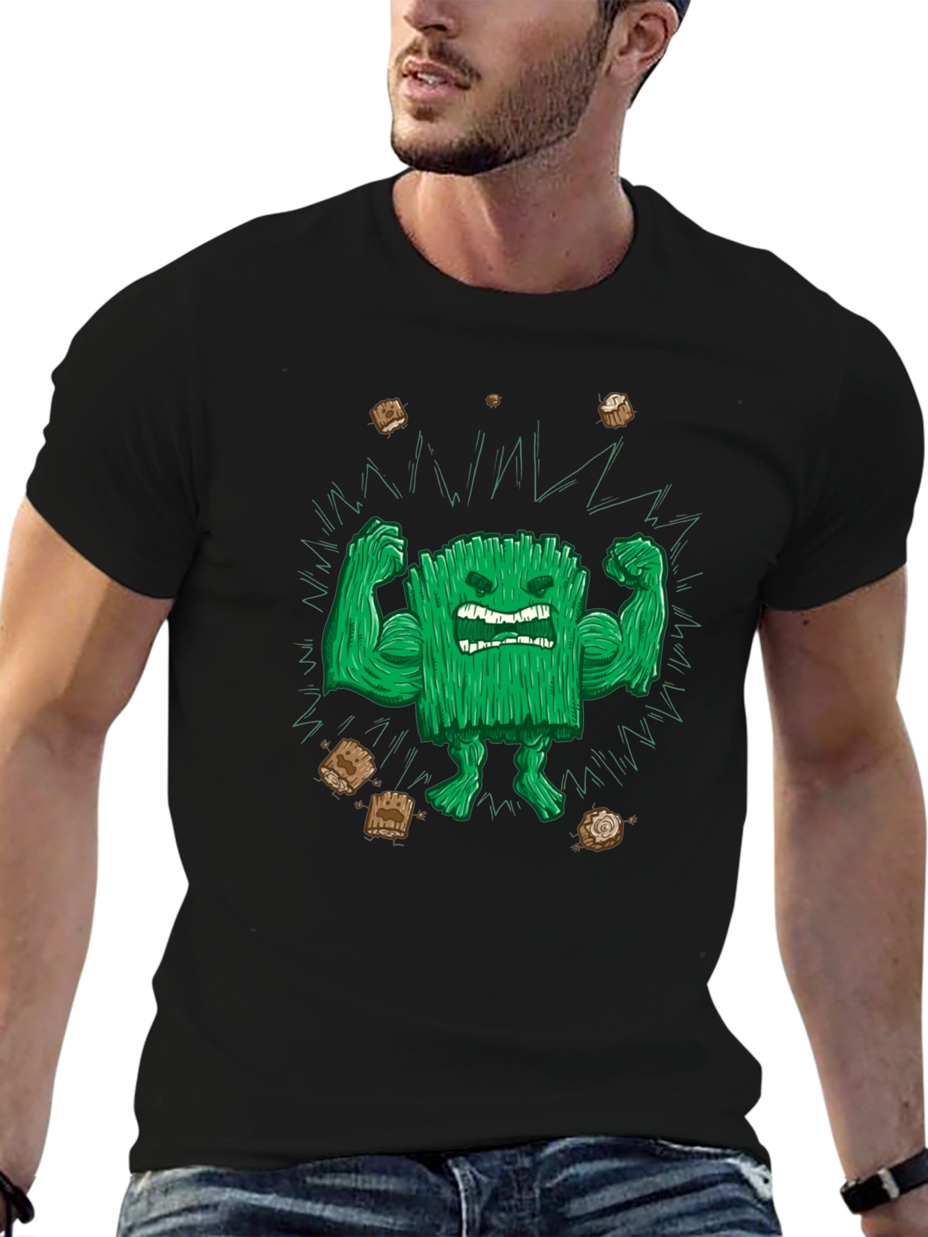 Black Funny Graphic T-Shirt: Grass Character Flexing view 6