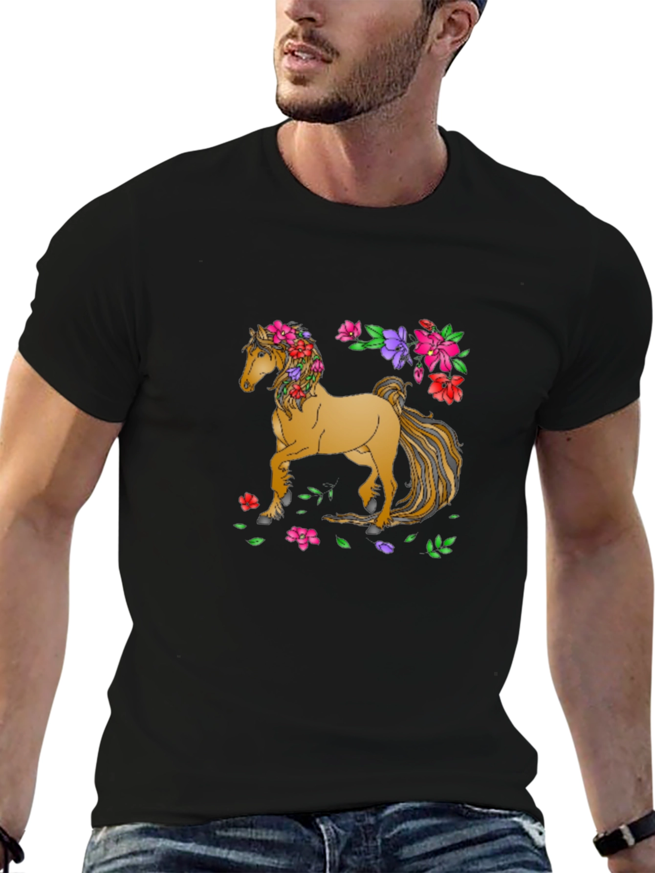 Black Floral Horse T-Shirt - Artistic Graphic Tee view 6