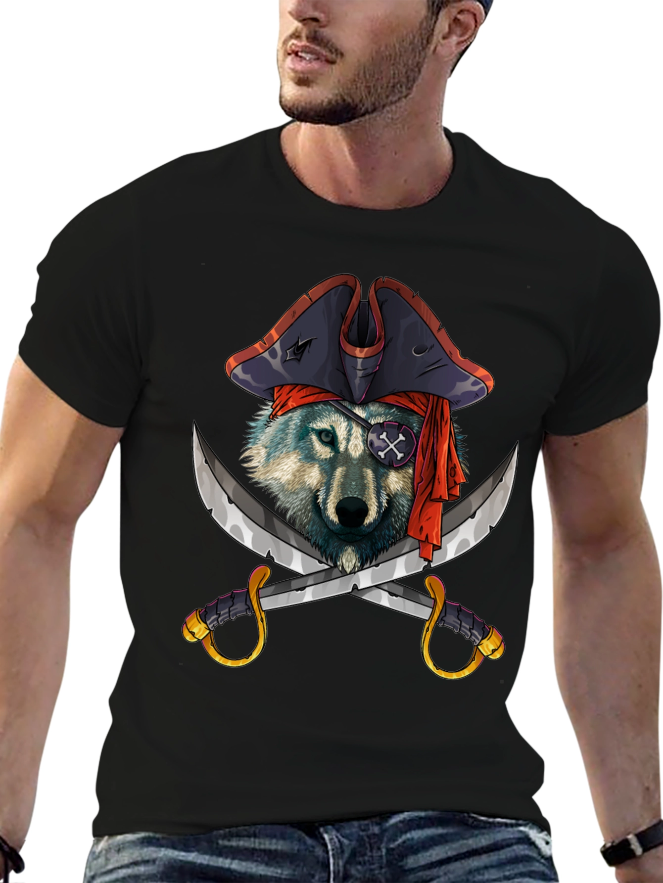 Black Pirate Wolf Graphic T-Shirt - Black Cotton Tee view 6