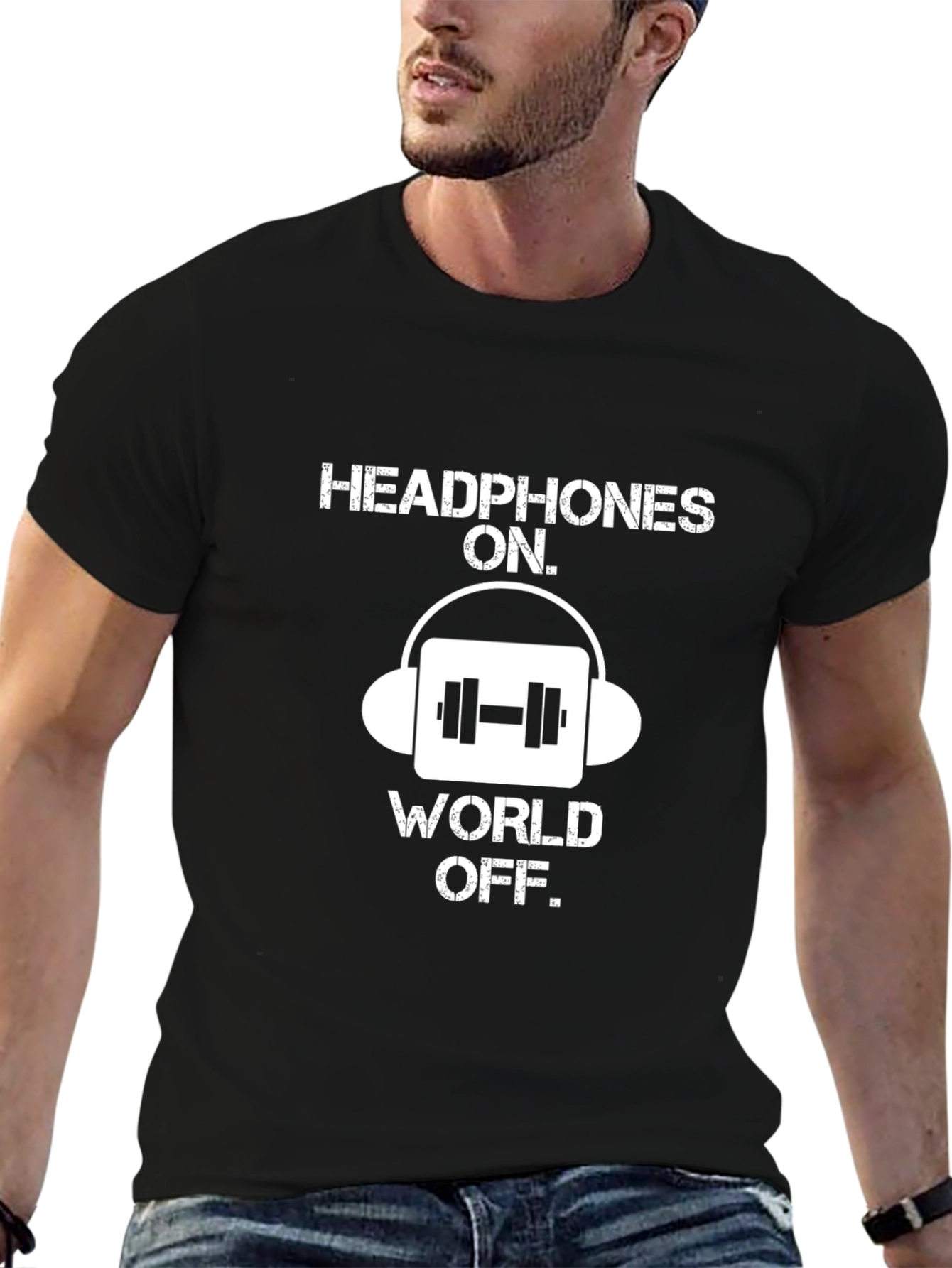 Black Headphones On World Off Graphic Tee - Workout Motivation T-Shirt view 6