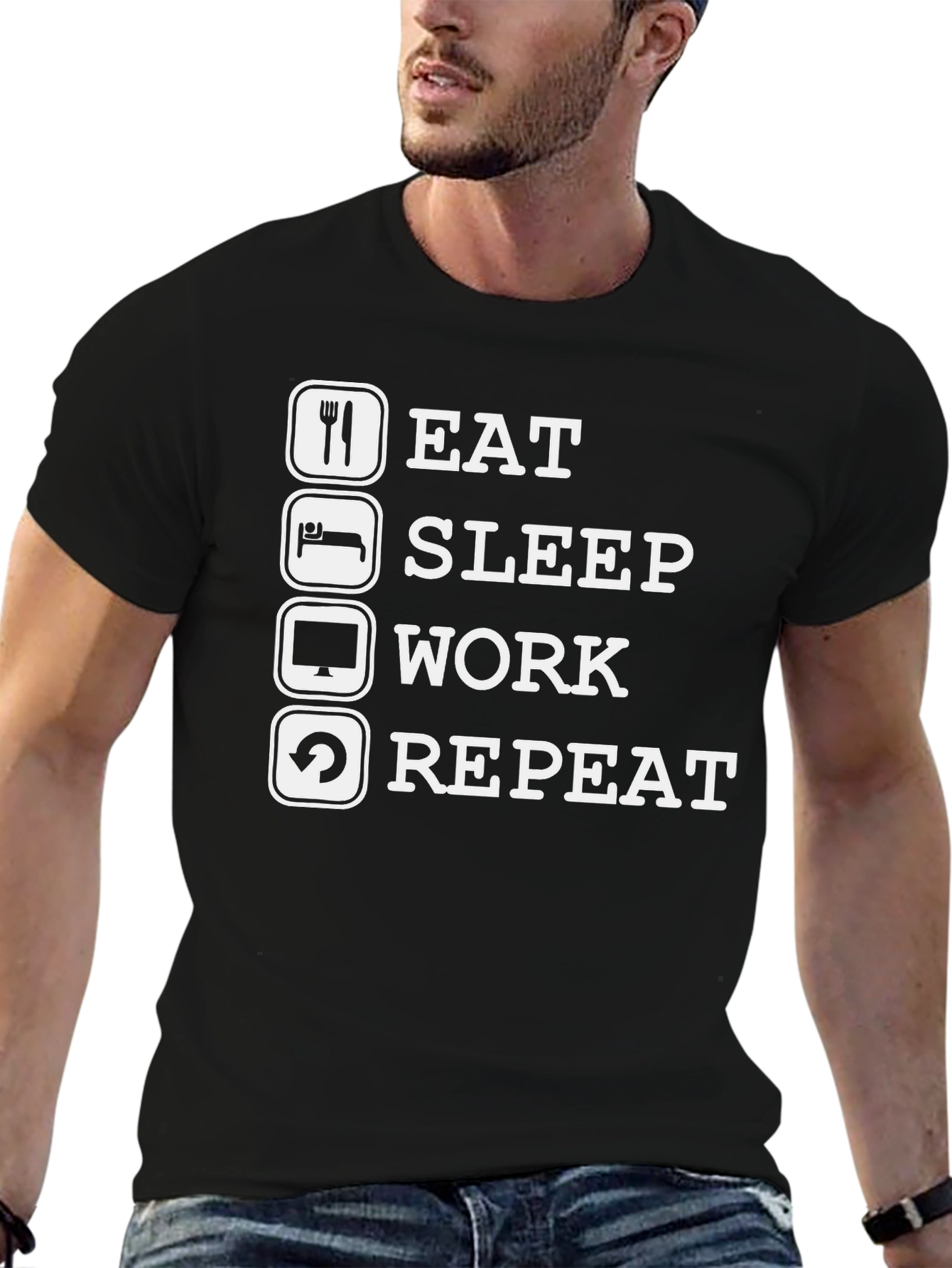 Black Eat Sleep Work Repeat Funny T-Shirt view 6