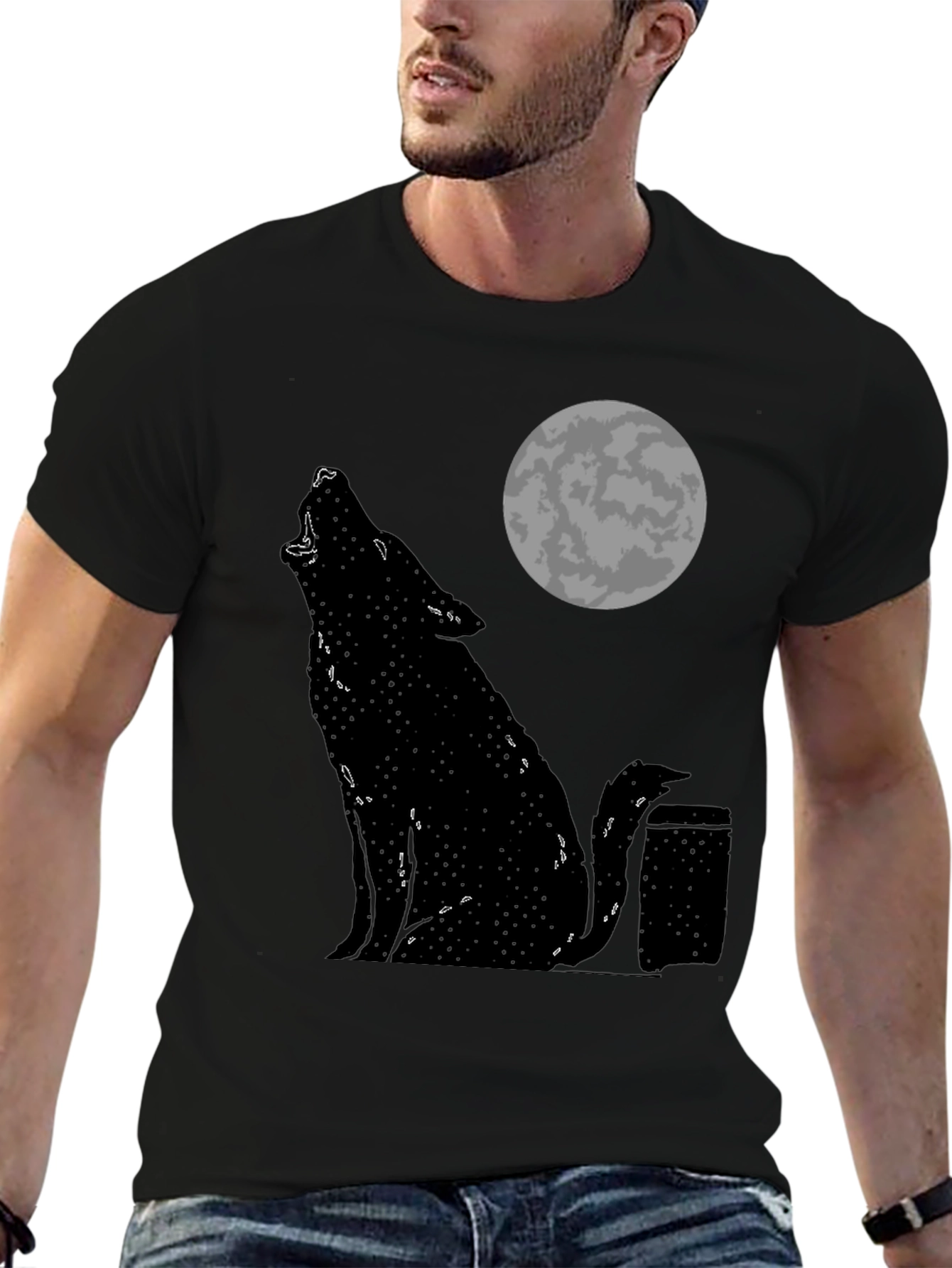 Black Wolf Howling at Moon Graphic Tee - Black Cotton T-Shirt view 6