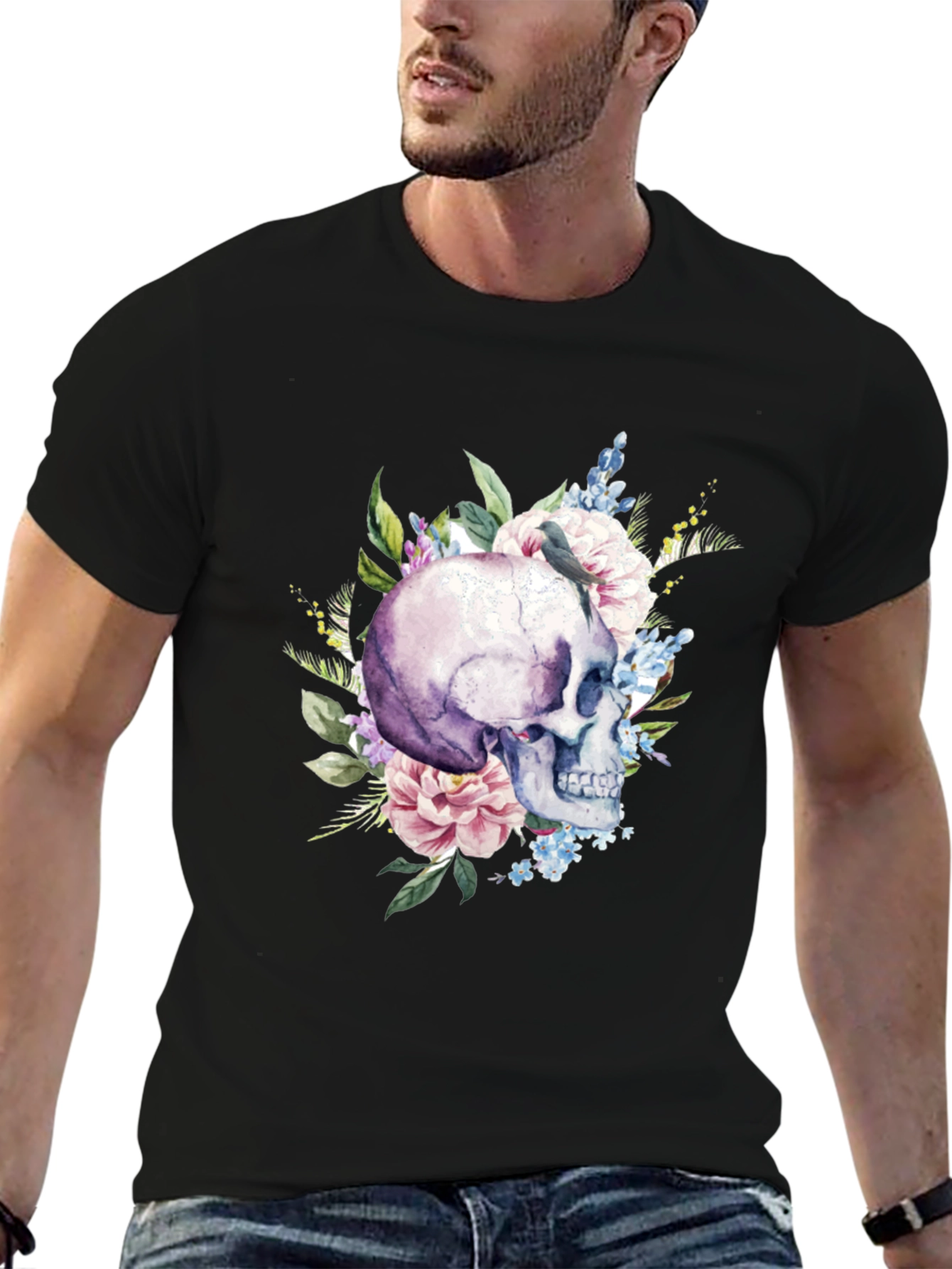 Black Floral Skull Graphic T-Shirt - Men's view 6