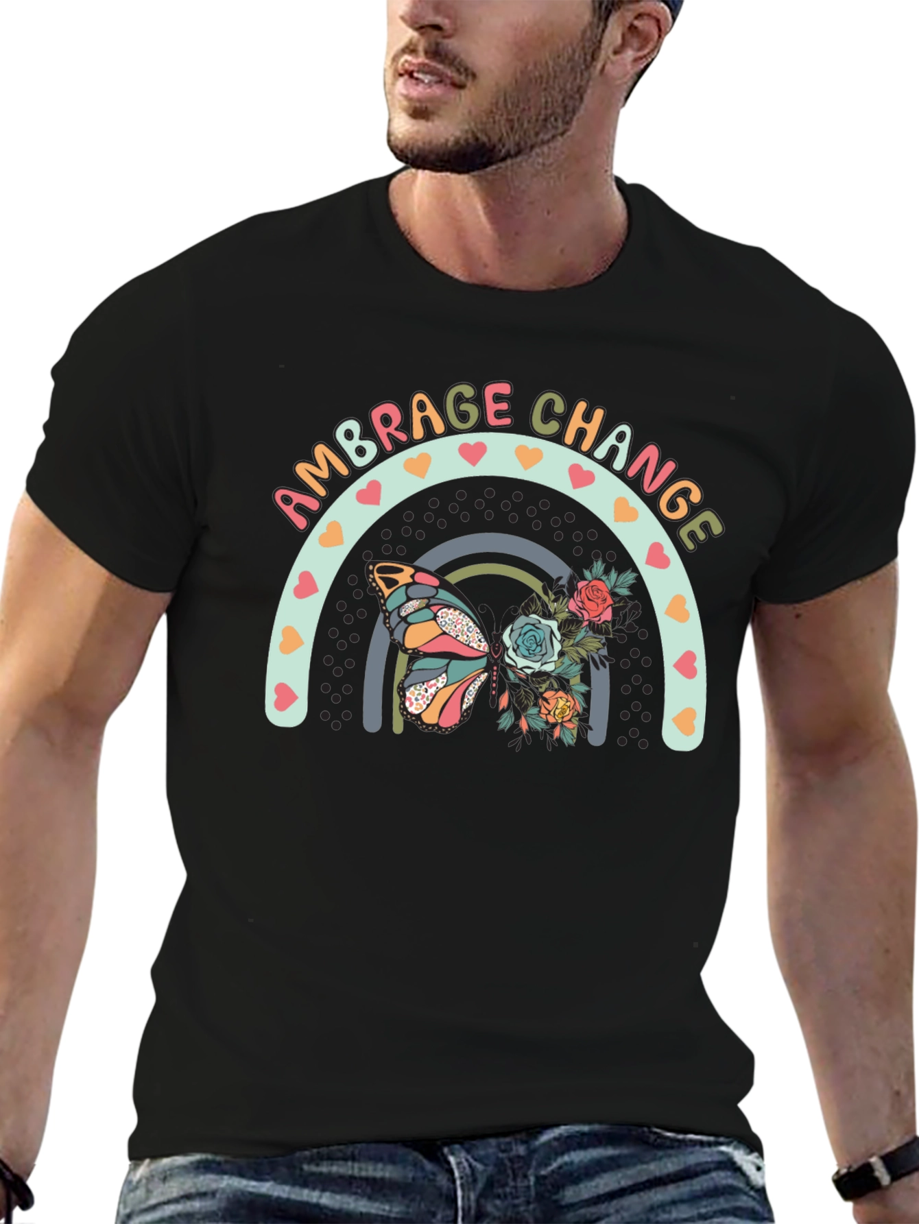Black Embrace Change Butterfly Rainbow Graphic Tee view 6